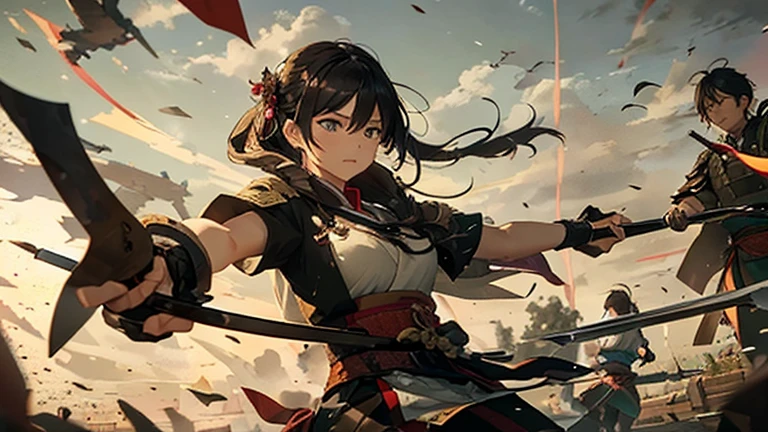 (8K), (Best Quality), (Mastepiece: 1.2) Heian period Draw the battlefield。
In the center of the screen、A lot of soldiers are fighting。
The soldiers、Swords and spears、Armed with bows and arrows, etc.。
On the left side of the screen, click、There is one woman。
women are、Wearing shabby clothes。
women are、Holding a stone in both hands。
women are、Throwing stones at enemies。
On the face of a woman、There is a look of anger and determination on the face。