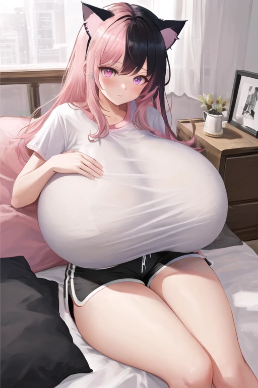 masterpiece, best quality, 1girl, (pink hair, long hair, detailed hair, cat ears, pink eyes:1.3), cute, bedroom, (black hair ribbons, t-shirt, tight shorts:1.3), (gigantic breasts:1.1)