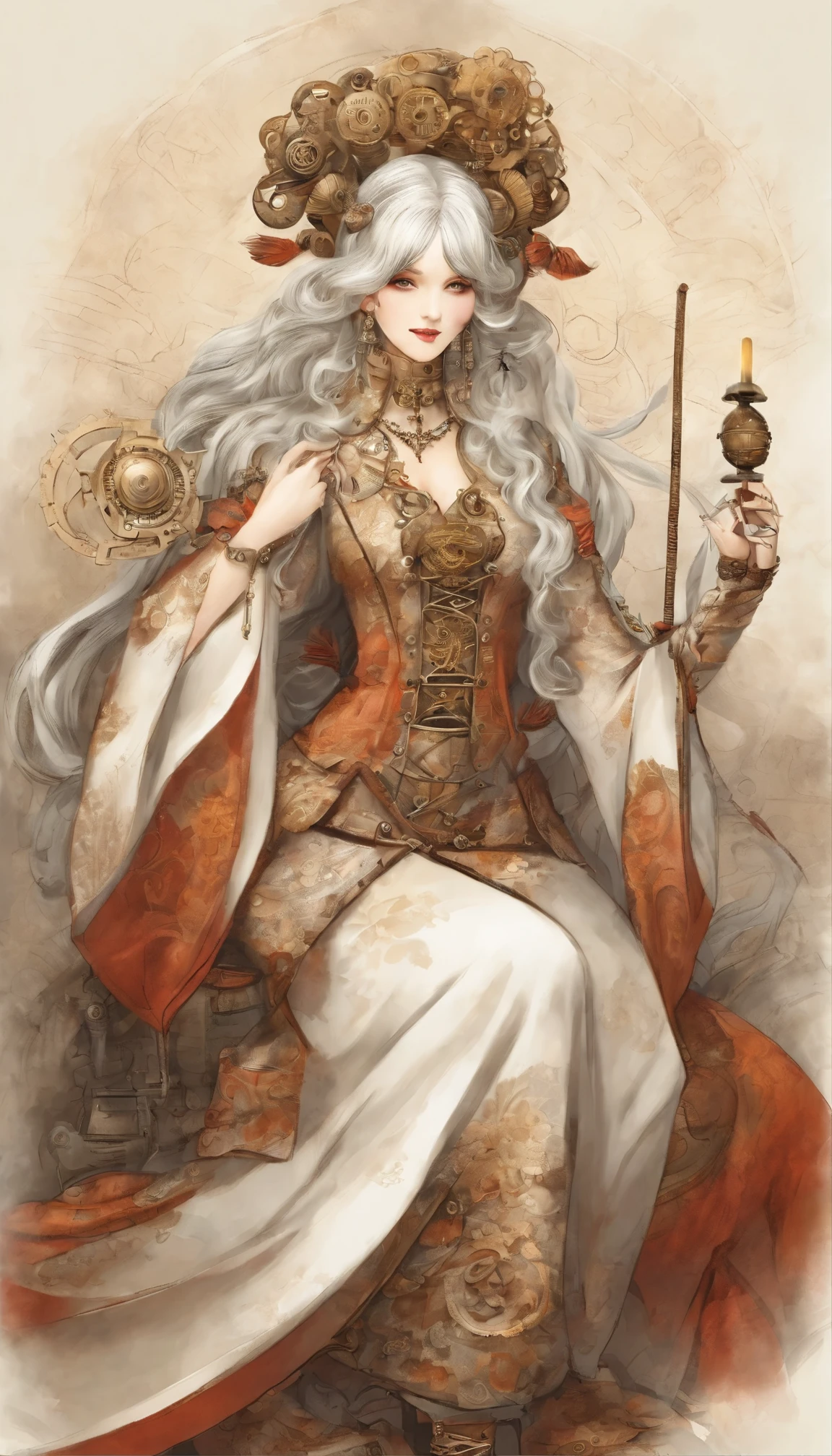 High quality 8k Japanese beauty wearing courtesan costume、Beautiful woman with long white hair,Japan's Edo Period,steampunk,Vermilion is used,Real,A delicate touch,Love Hina Style,animation