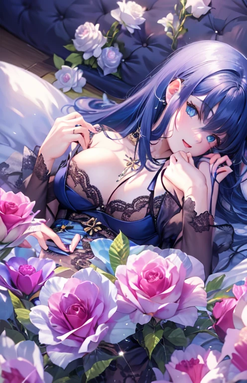 ((highest quality)), ((masterpiece)), (Get used to it), Perfect Face , beautiful girl , Beautiful long dark blue hair , Beautiful dark blue eyes , In underwear ,  Blue roses scattered , Lying in bed ,