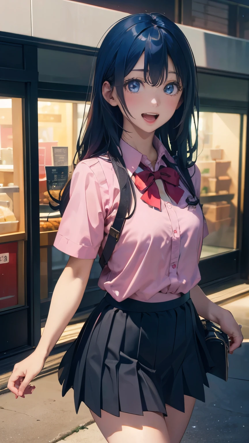 (masterpiece:1.2, top-quality), (realistic, photorealistic:1.4), beautiful illustration, (natural side lighting, movie lighting), ,
(looking at viewer), 1 girl, japanese, high school girl, perfect face, cute and symmetrical face, shiny skin, skinny,
(long hair, straight hair, blue hair), swept bangs, light blue eyes, drooping eyes, long eye lasher, (large breasts:0.6), five fingers,
beautiful hair, beautiful face, beautiful detailed eyes, beautiful clavicle, beautiful body, beautiful chest, beautiful thighs, beautiful legs,
((symmetrical clothing, pink collared shirts, black pleated skirt)), red bow tie, navy socks,
(beautiful scenery), day time, shopping mall, (lovely smile, upper eyes, open mouth, sexy pose),