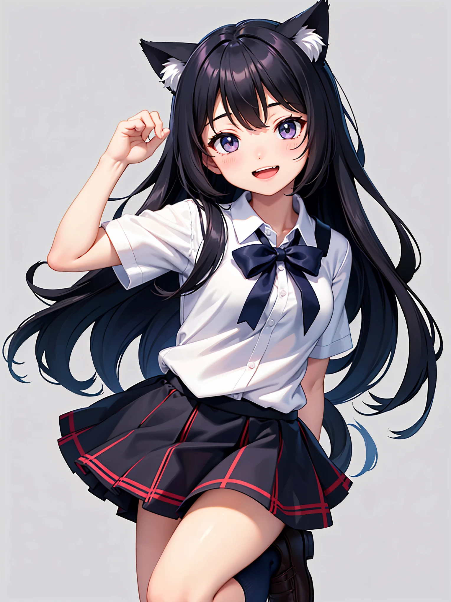 girl,one person, Long black hair, Cat ear, high school girl, Tartan Skirt, White short sleeve shirt, Navy blue socks, smile, Laughing with your mouth open,laughing,Blank background, whole body, high quality,Ribbon on chest,White shirt