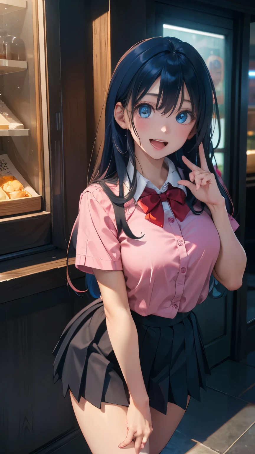 (masterpiece:1.2, top-quality), (realistic, photorealistic:1.4), beautiful illustration, (natural side lighting, movie lighting), ,
(looking at viewer), 1 girl, japanese, high school girl, perfect face, cute and symmetrical face, shiny skin, skinny,
(long hair, straight hair, blue hair), swept bangs, light blue eyes, drooping eyes, long eye lasher, (large breasts:0.6), five fingers,
beautiful hair, beautiful face, beautiful detailed eyes, beautiful clavicle, beautiful body, beautiful chest, beautiful thighs, beautiful legs,
((symmetrical clothing, pink collared shirts, black pleated skirt)), red bow tie, navy socks,
(beautiful scenery), day time, shopping mall, (lovely smile, upper eyes, open mouth, sexy pose),
