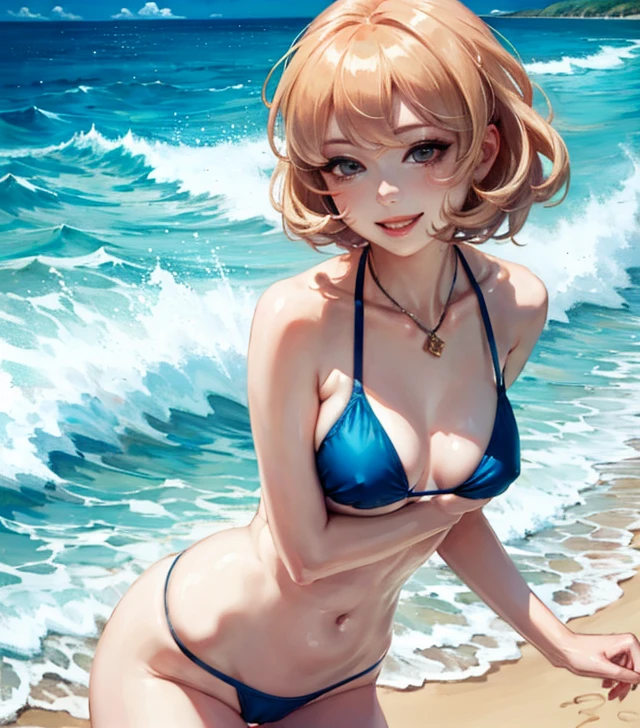 girl、solo、、swimsuit one piece、micro bikini、seductive pose、smile、beach、Playing with the waves on the beach、