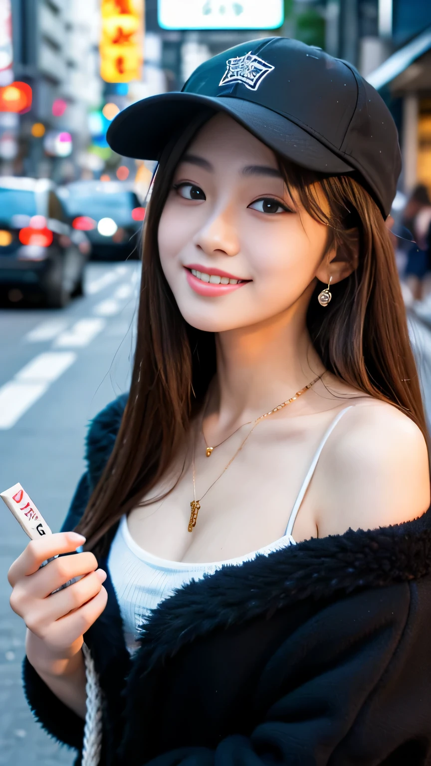 highest quality, masterpiece, Ultra-high resolution, (Realistic:1.4), RAW Photos, Very detailed, Perfect Anatomy, Very detailedな,
One girl, 16 years old, The most famous Japanese idols, Grin, On the main street of Tokyo, ((((walking while taking cocaine)))),
He is wearing a cool designed black baseball cap and a luxurious black fur coat.,
Very cute face like the most popular Japanese actress, Very beautiful big black round eyes, Very beautiful lips, Very beautiful realistic skins, Very beautiful body, Perfect Proportions,
Detailed black baseball cap with cool design, A luxurious black fur coat with attention to detail, Detailed explanation of Tokyo's main street