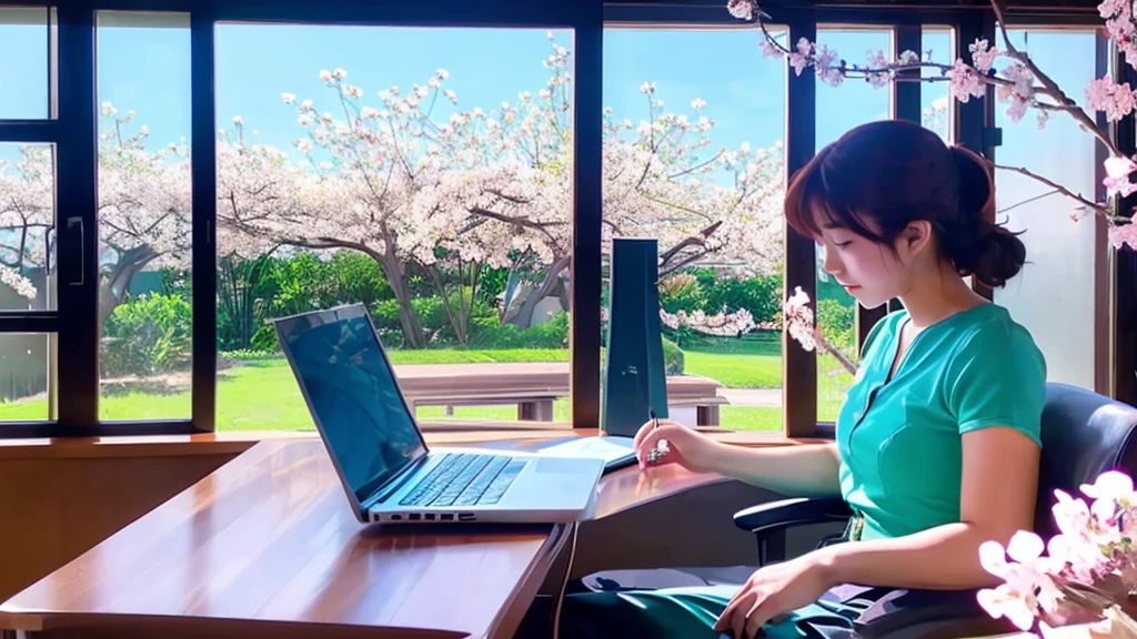 A young, pretty woman is working on a laptop on a desk. The room's large window shows cherry blossoms in full bloom and a blue sky. Draw in a Ghibli-like animation style.