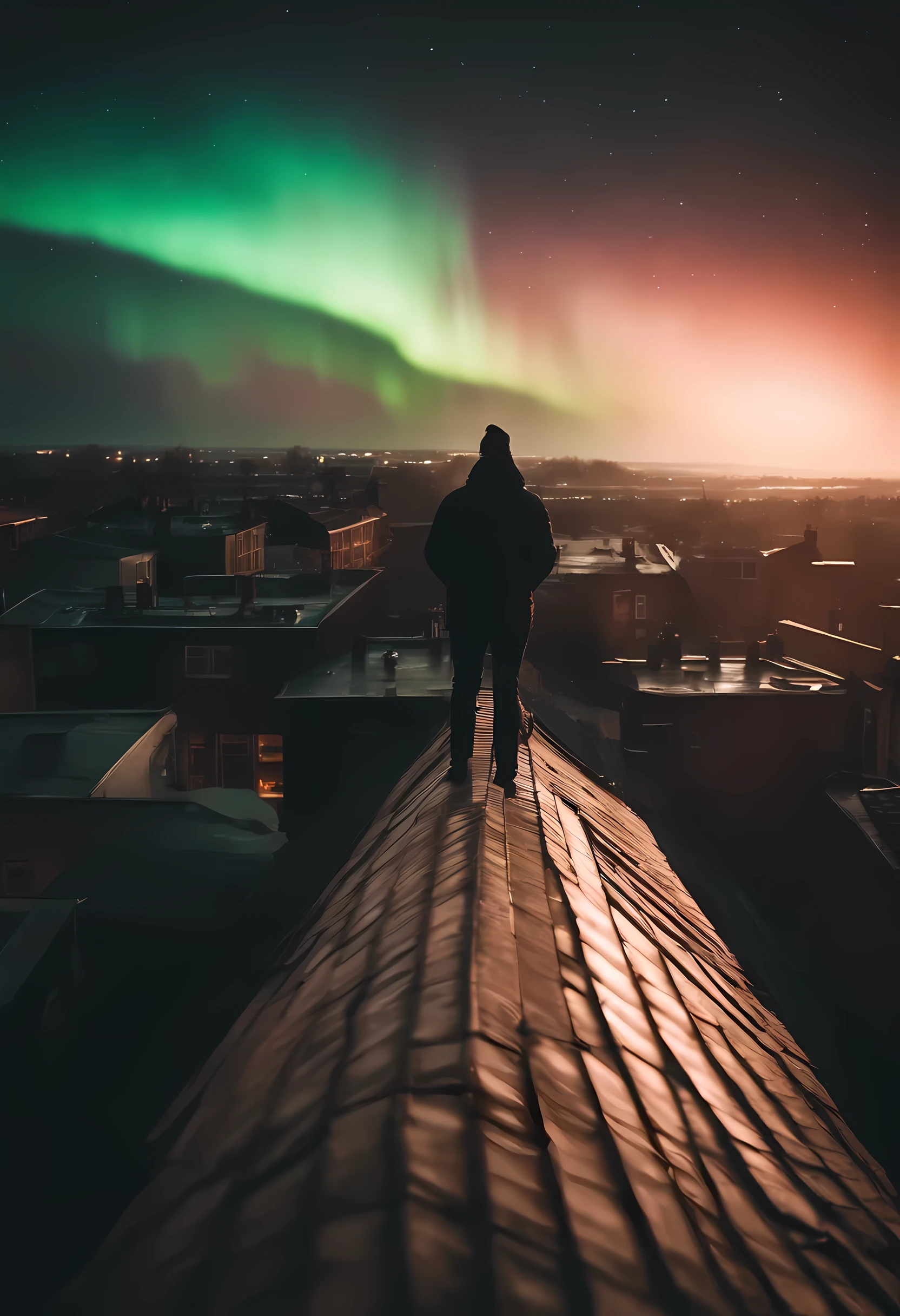 People standing on the rooftops of buildings and looking up, a superbly beautiful scene with a brilliant curtain of beautifully shining auroras waving in the sky above,