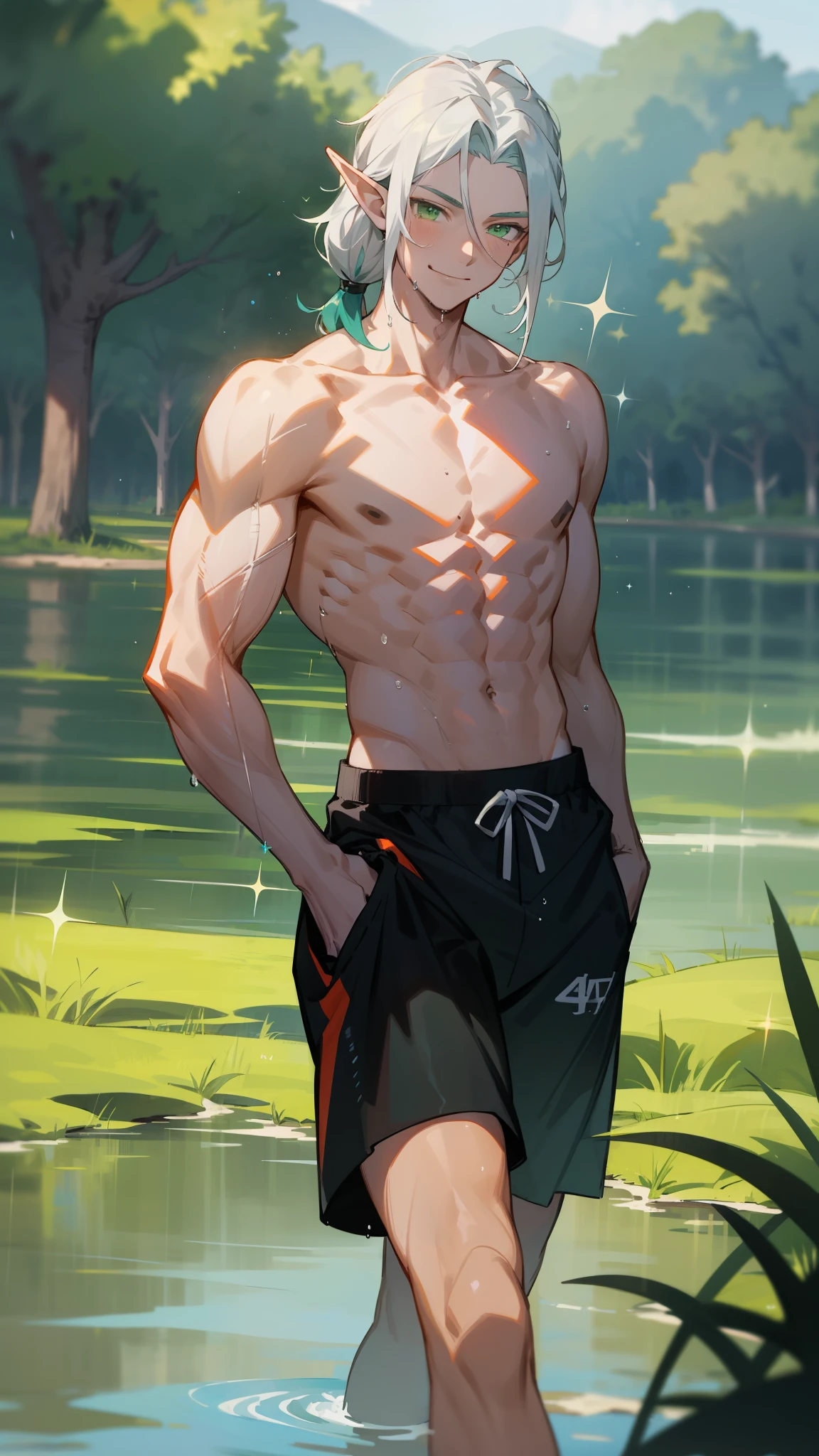 1 person,male face,Mature,30 years old,((Transparent skin,sparkling)), Gray hair,samurai hair,Pointed ears,muscle,High, Green Eyes, Smile, Lake with forest in the background,Athlete's physique, male, Rainbow-colored skin, flat chest,(Sexy),Black sports shorts,prince,There is a group of green orcs in the background,Take a walk away from the lake, wet,masterpiece,HD,4K