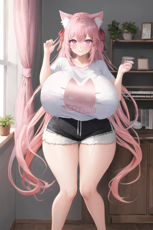 masterpiece, best quality, 1girl, (pink hair, long hair, detailed hair, cat ears, pink eyes:1.3), cute, bedroom, (black hair ribbons, t-shirt, shorts:1.2), (colossal breasts:1.1)