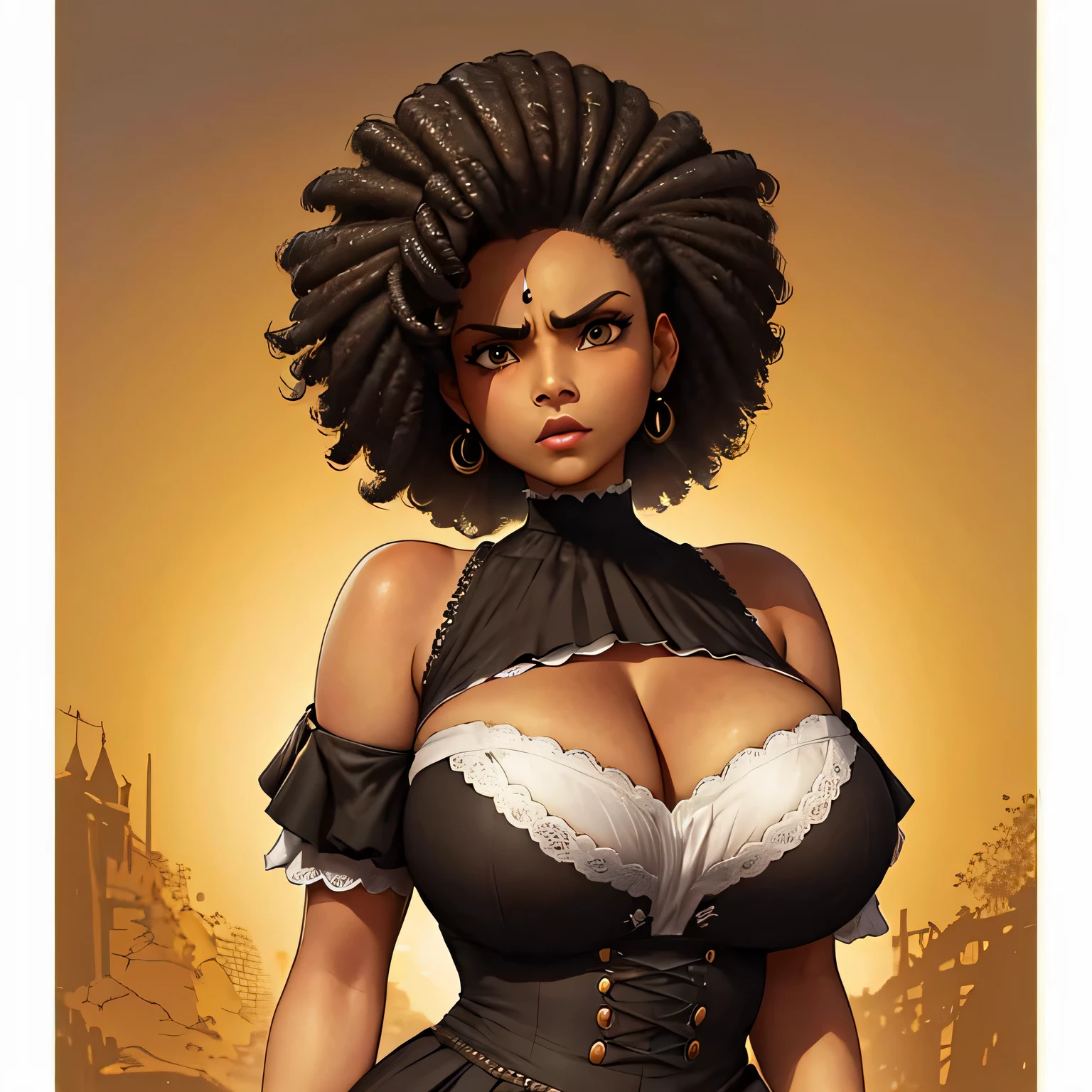 (obra maestra, Mejor calidad), Deep ebony, 1 chica estilo victoriana, hermoso rostro, angry expression,PELO RIZADO, rizos rizados, tetas grandes, pechos gigantes, mlkers, en un parque 