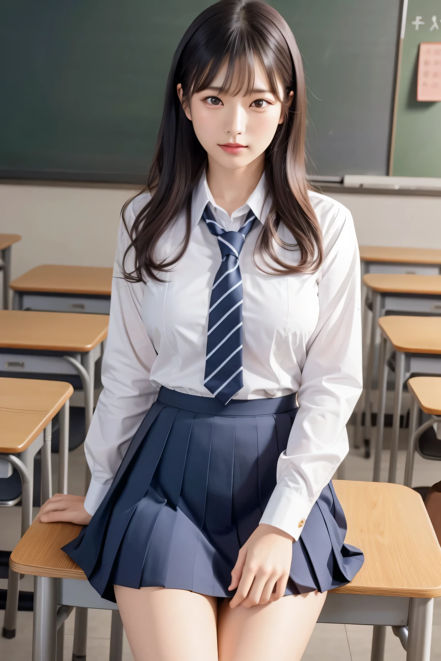 Tabletop, highest quality, Japanese girl, 8k, RAW Photos, highest quality, Tabletop, Hmph:1.2, Highly detailed RAW color photos, Professional Photos, (Realistic, Realistic:1.37), (Highly detailed skins:1.2), Ultra-high resolution, (Lenz 50mm), (Tabletop, highest quality:1.3), (Ultra detailed 8k cg:1.2), (Super realistic:1.35), (Realistic:1.45), (Realistic:1.4), Cowboy Shot,
A beautiful Japanese woman, 22 years old, Supermodel, Japanese Idols, __Performance__, big breasts, (sitting on desk:1.1), (school uniform:1.4), (Spread your legs:1.2),
(School classroom background:1.1)、Korean Idols、Nogizaka Idol、Gravure idol pose、adult、
