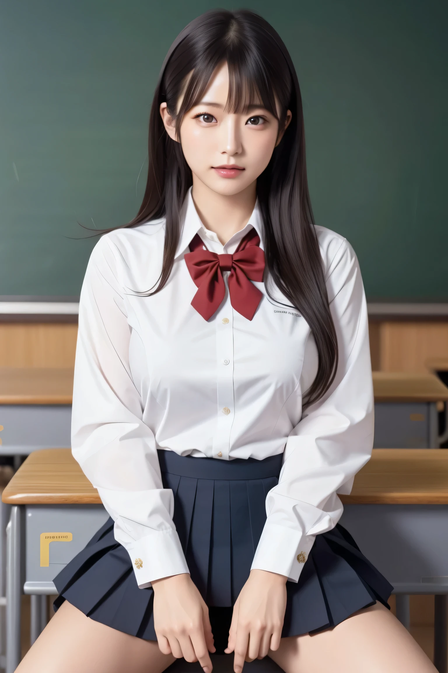 Tabletop, highest quality, Japanese girl, 8k, RAW Photos, highest quality, Tabletop, Hmph:1.2, Highly detailed RAW color photos, Professional Photos, (Realistic, Realistic:1.37), (Highly detailed skins:1.2), Ultra-high resolution, (Lenz 50mm), (Tabletop, highest quality:1.3), (Ultra detailed 8k cg:1.2), (Super realistic:1.35), (Realistic:1.45), (Realistic:1.4), Cowboy Shot,
A beautiful Japanese woman, 22 years old, Supermodel, Japanese Idols, __Performance__, big breasts, (sitting on desk:1.1), (school uniform:1.4), (Spread your legs:1.2),
(School classroom background:1.1)、Korean Idols、Nogizaka Idol、Gravure idol pose、adult、
