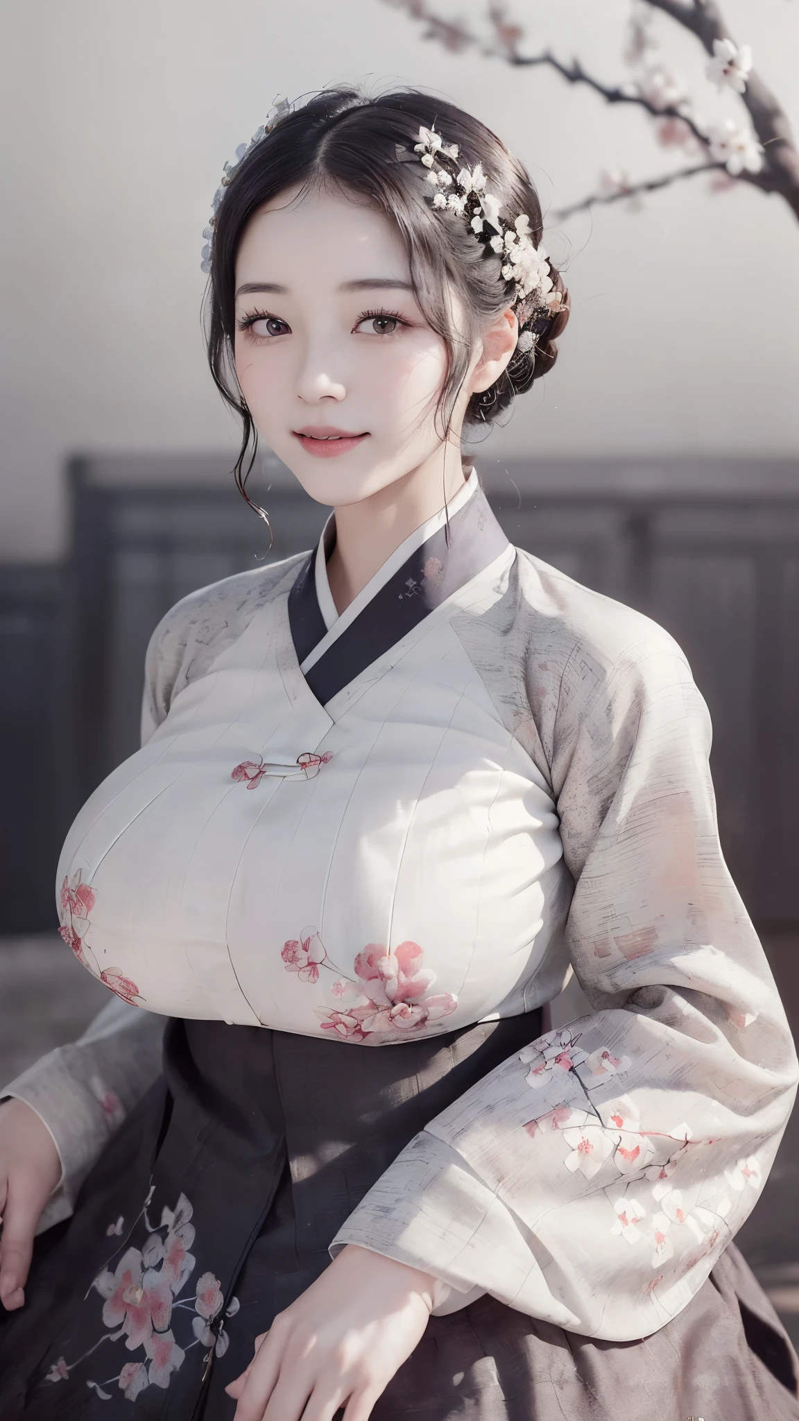 (best quality, 8K, masterpiece: 1.3), ((((((Incredibly huge breasts: 1.0))))), hairpin, (beautiful face:1.3), plum blossom ink painting background,authentic hanbok, 1920s photo studio, (Feels like a faded photo: 1.4), old photos, smile, black and white photography