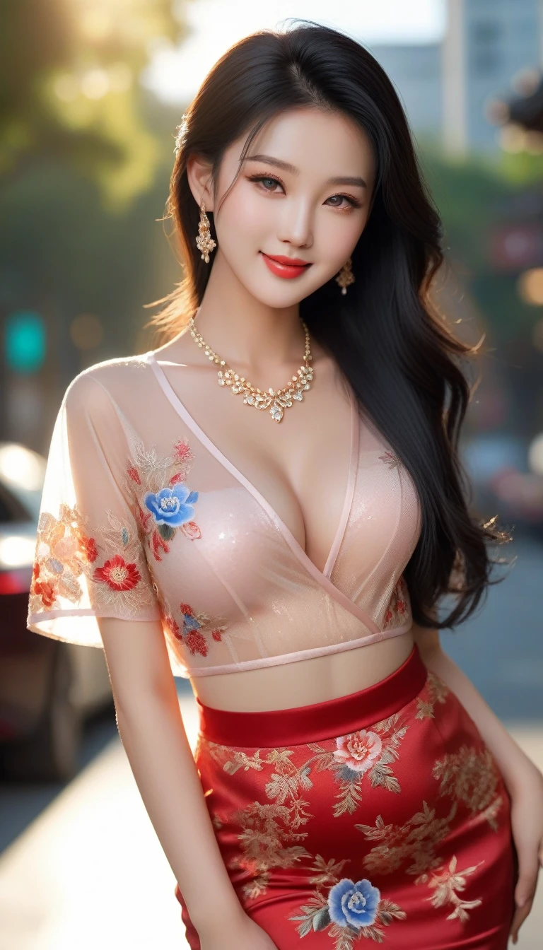 an amazingly beautiful asian girl, graceful, fashionably dressed, perfect face, long black hair, rosy cheeks, lovely detailed eyes, beautiful sexy lips, bright smile bright, shiny jewelry on the ears, A diamond necklace on the neck, an elegant tattoo on the chest, short-sleeved shirt, shirt embroidered with delicate brocade flowers, high-waisted shirt, red dress , blue panties, see-through skirt, slim legs and thighs, plump protruding vulva, luxurious shoes, beautiful figure, shiny skin, sweaty skin, skin pores clearly visible. Blurred road background, professional lighting, sunlight shining on the girl's body and belly, 8K, super sharp, super detailed, high resolution.