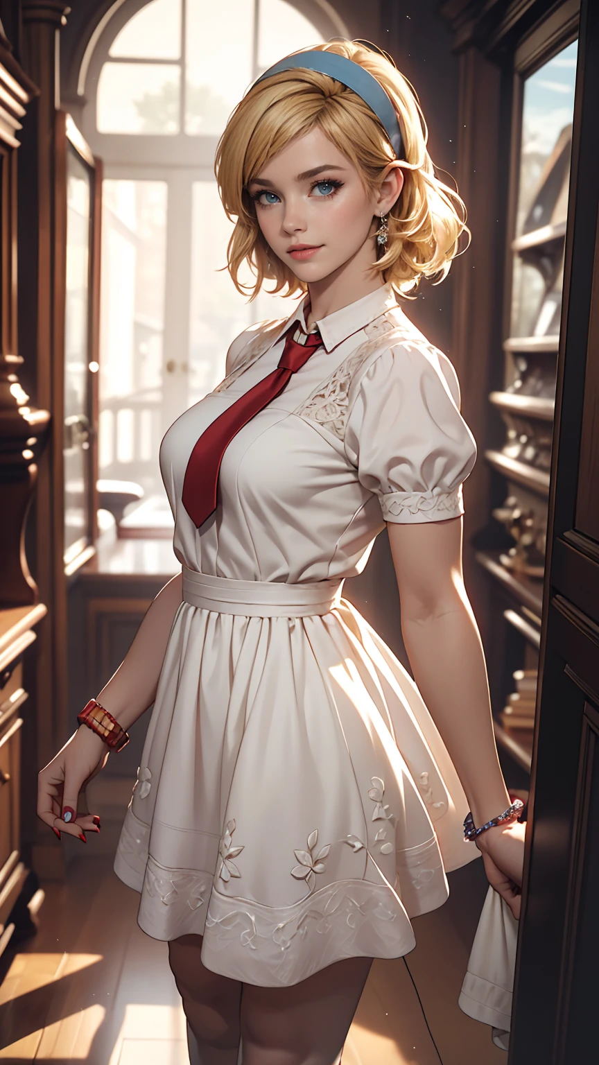((最high quality, 8K, masterpiece: 1.3, Ultra HD, high quality, 最high quality, High resolution, realism)) 、A 22-year-old extremely beautiful white woman、Hair color blonde、blue eyeedium Hair、Straight Hair、smile、Slender but well-proportioned body、Background blur((depth of field))、Aerial perspective((atmospheric perspective))、I want my head to stay off screen、Put an anklet on your ankle、Wearing red nail polish、I have a peticure、Bouffant Dress((bouffant dress))Wear、Wear high heels、Headband((hairband))Attaching、Tie a scrunchie around your wrist