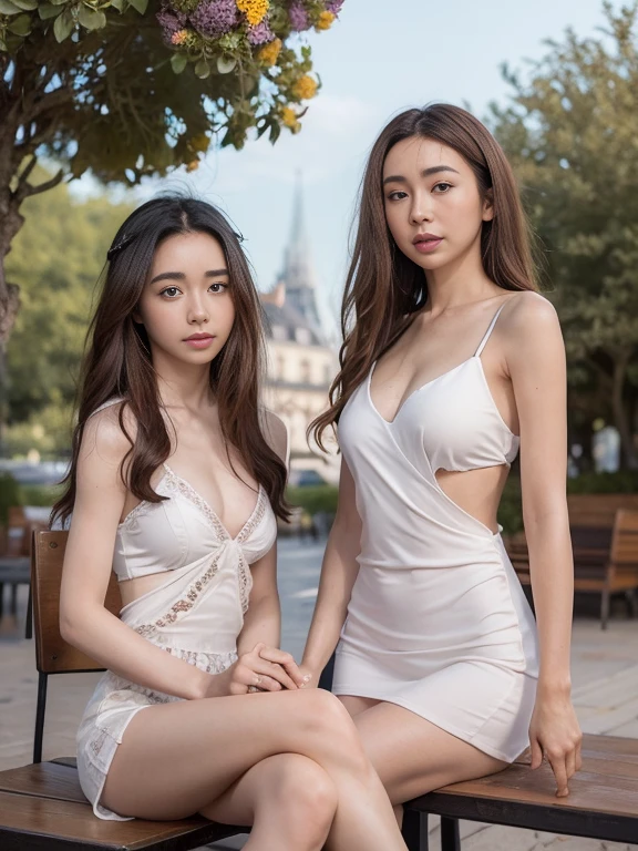 Realistic pretty Chinese  girl, dark hair tied, erotic, sleeveless chemise white sheer deep slit, pokies, flat chest, small breast, thigh, groin, bare feet, sweat, moist, kneeling in busy shopping mall, spread legs, hands on head, from side looking at viewer