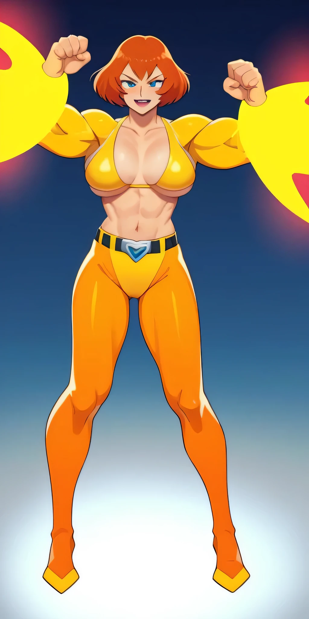 score_9, score_8_up, score_7_up, BREAK source_anime, 1girl, alex \(totally spies\), short hair, yellow bodysuit, belt, evil, butterfly sitting, hotel room, a cartoon of a woman in a yellow outfit posing for a picture, yellow x-man costume, this character has cryokinesis, cell shaded adult animation, full body savage devilman, heroic masculine pose, an epic anime of a energy man, bodybuilder superhero bikini, buizel and human fusion, orange body, hairy orange body, buff female