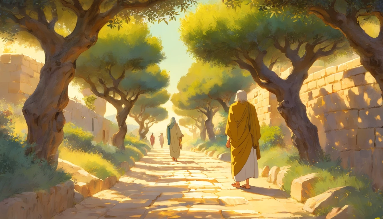 (best quality,4k,highres,masterpiece:1.2),ultra-detailed,realistic,extremely detailed face of Jesus Christ,(beautiful,expressive) detailed eyes,(calm,serene) expression,exhausted and sweaty group members,group of people leaving the Mount of Olives in Jerusalem,authentic Middle Eastern landscape,beautifully textured stone pathway,gentle morning sunlight streaming through the olive tree leaves,subtle golden hues painting the scene,genuine emotion and devotion on the faces of the group members,dusty sandals and worn-out robes on the tired figures,and a peaceful aura enveloping the entire composition,completely peaceful and serene atmosphere,colossal olive trees lining the path as a symbol of strength and resilience,a sense of divine guidance and protection emanating from Jesus Christ,soft breeze gently rustling the leaves,gradual ascend into the distant hills,divine light illuminating the way,transcendent and spiritual experience captured in every brushstroke.