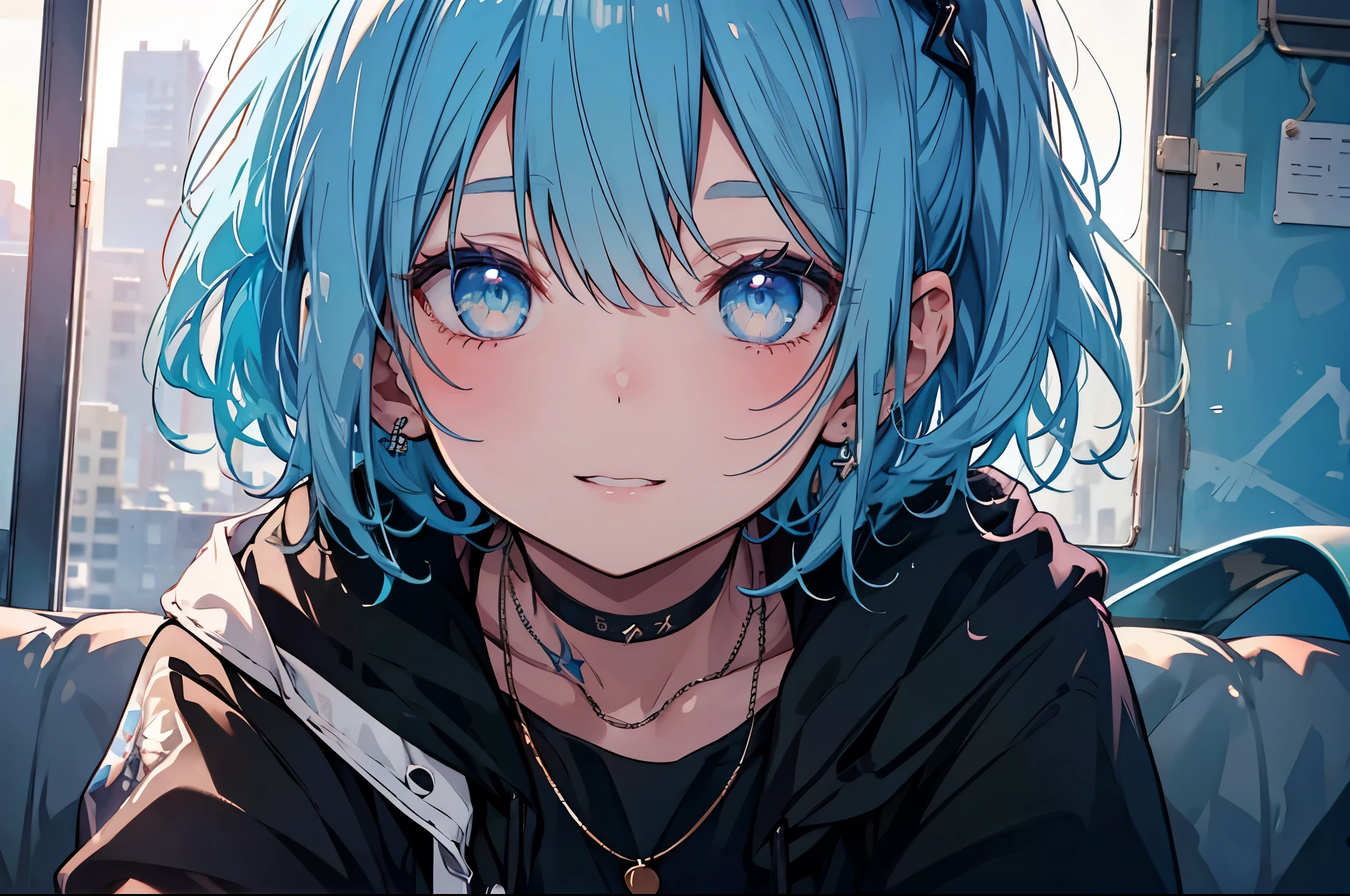 masterpiece, 最high quality, high quality, Very detailed CG uniform 8k wallpaper, One girl, alone, Blue Hair, tattoo, short hair, Have, jewelry, smile, necklace, Looking at the audience, Have, Realistic, Open your mouth, teeth, Upper Body, Best, nose, Exposing shoulders, artist name, Black tiara, clavicle, arm tattoo, blue eyes, lips, Blur, oil, Award-winning photography, Bokeh, Depth of written boundary, High resolution, bloom, chromatic aberration, realism, Very detailed, artステーション 複雑, Attention to detail, dramatic, art：mid journey