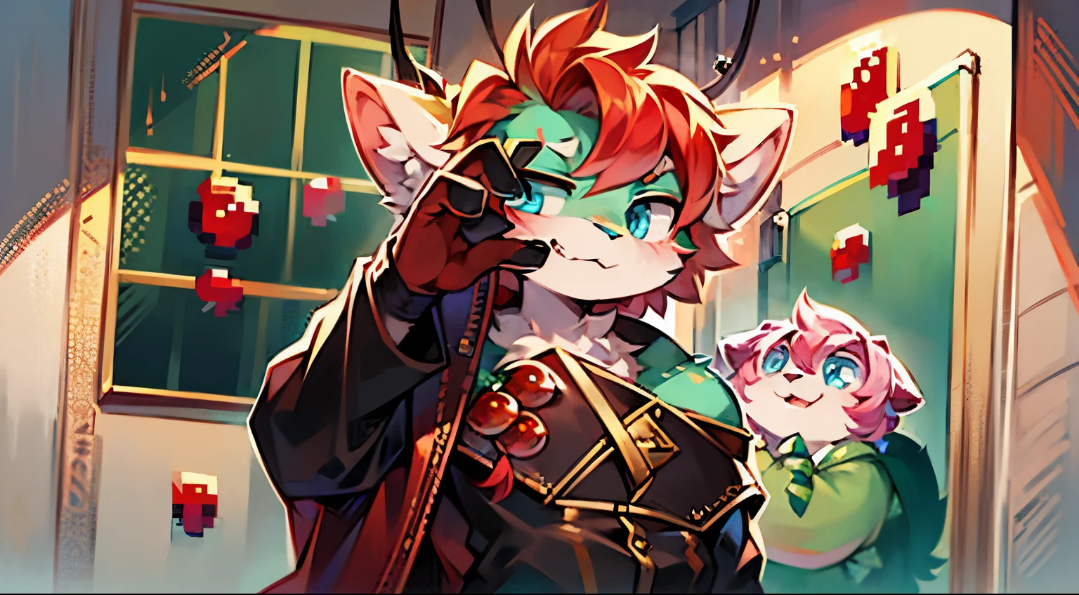 A cartoon cat with pink mane and blue eyes, professional furry, Furry art!!!, Furry artist, Ferson art, Low resolution, Ferson!!!!, #Pixel Art:3, Ferson Furry art commission, SFW, furry Ferson, Varguyart style, roughly, Covered with red mucus, Furry art, Josh Slytherin Art