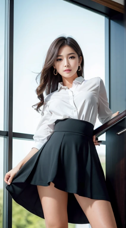 (highest quality,4k,8k,High Resolution,masterpiece:1.2), Super detailed,(Real,フォトReal,写真Real:1.37), Office Lady,Flared skirt with a luxurious feel, Beautiful feet, Glamorous silhouette, Fascinating frills, Subtle floral pattern, Nudy Tone, Camera flare effect, Beautiful light and shadow, Firm Hips, The show is all from a low angle, Elegant Style, Vibrant colors, Sharp focus, Smooth skin texture, Sexy Appeal, Camera zoom in effect,Skirt length is above the knee, The smooth movement of the skirt, Skirt floating in the wind,Her skirt floats up, revealing her buttocks in a thong,Strong and beautiful posture, A skirt with a strong presence、Short coat、Close up of legs to groin、Angle from legs to crotch、{{Angle directly above the feet}}、{Camera angle with the camera between her legs}、{Angle to see the crotch from directly below}、{panties in skirt}、panties in skirtが見えている、Sexy lace panties。