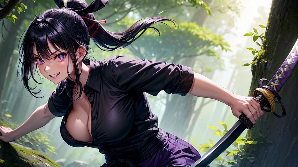 1girl, solo, ninja, forest, trees, Japan, medieval, ((black hair)), ponytail, large breasts, ((black shirt)), ((unbuttoned shirt)), unbuttoning buttons, popping buttons, ((short sleeved shirt)), cleavage 1:3, purple eyes, ((black shorts)), grin, standng, hair ribbon, samurai sword, katana, looking at the viewer