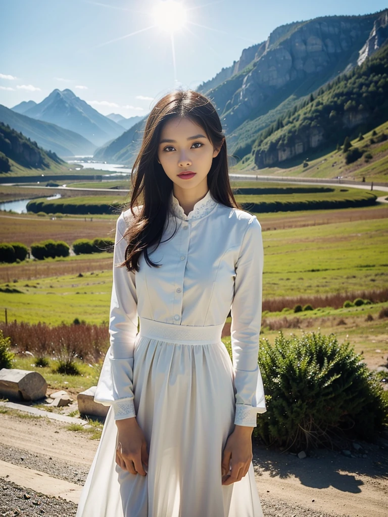 best quality,HDR,UHD,8K,Vivid Colors,solo,photo_,(1girl:1.3),(standing:1.3),sun,(sunshine:1.2),(looking at viewer:1.4),Elegant,detailed gorgeous face,(mountain background:1.3),river,(cowboy shot:1.4),rc,dress,