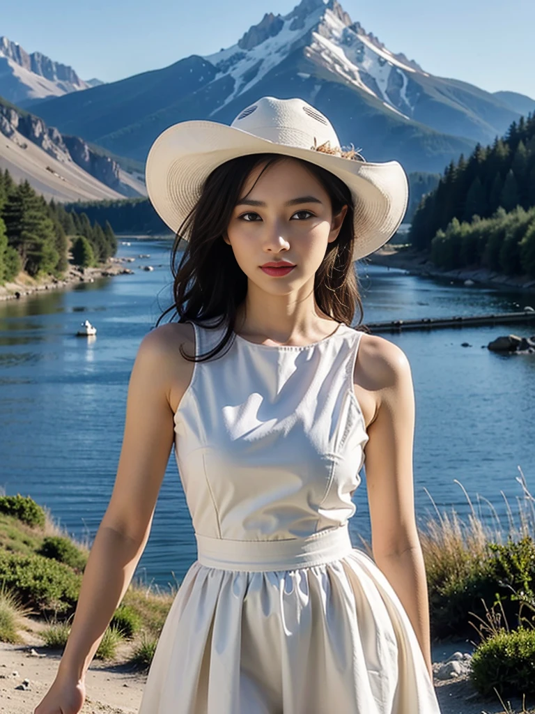 best quality,HDR,UHD,8K,Vivid Colors,solo,photo_,(1girl:1.3),(standing:1.3),sun,(sunshine:1.2),(looking at viewer:1.4),Elegant,detailed gorgeous face,(mountain background:1.3),river,(cowboy shot:1.4),rc,dress,