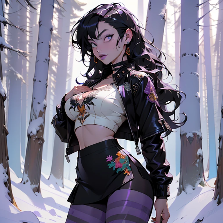 goth VAMPIRA girl,1girl, com um guarda chuva ((extremely cute and beautiful black haired anime goth girl)),(((16 years old))),(large breasts:1.2),((((black wavy hair:1.35,absurdly long unkempt hair,messy hair,colored inner hair,ear breathing)))),((heterochromia:1.5, (purple_eye and red_eye))),intricate eyes,beautiful detailed eyes,symmetrical eyes,Big eyes:1.5,((fat)),(((lustrous skin:1.5,bright skin: 1.5,skin tanned,shiny skin,very shiny skin,shiny body,plastic glitter skin,exaggerated shiny skin,illuminated skin))),(spider lower abdomen,narrow waist,wide hip,athletic body,inflated legs,thick thighs,detailed body,(detailed face)),
cute,slutty,seductive,erotic,(nsfw),
zettai ryouiki,revealing clothing,show skin,((printed T-shirt:1.3,bang spikes choker),(navel))),((black leather crop jacket:1.3)),(((micro skirt:1.5,(Extra-short leather skirt),black thong,Very tight thong outline a full shape)))),((purple striped tights:1.5)),(((Black Lips,Goth Accessories))),(((intricate outfit,intricate clothes,embroidered outfit,ornate outfit,embroidered clothes,ornate clothes))),
(dynamic pose:1.0),embarrassed,(centered,scale to fit dimensions,Rule of thirds),
((snowy pine forest)),winter,scenery:1.25,((intricate scenery)),((snow forest background)),Christmas tree,
(Glossy winter ornaments),highres,sharp focus,(ultra detailed,extremely detailed),(photorealistic artwork:1.37),(extremely detailed CG unity 8k wallpaper),(((vibrant colors,vibrant theme))),(intricate),(masterpiece),(best quality),