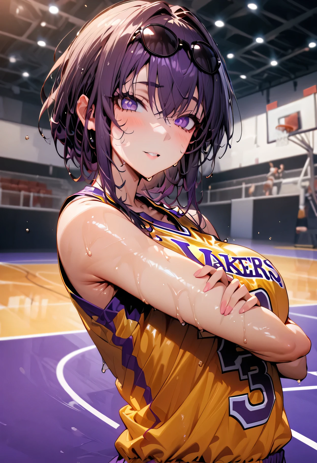(best quality,ultra-detailed), portraits, (lakers yellow basketball sleeveless uniform:1.2), wet with sweat,basketball court, (See-through:0.9), (full body:1.2), Kafka play basketball in the sports court, 1 girl, solo, best quality, look at viewer, Stands tall