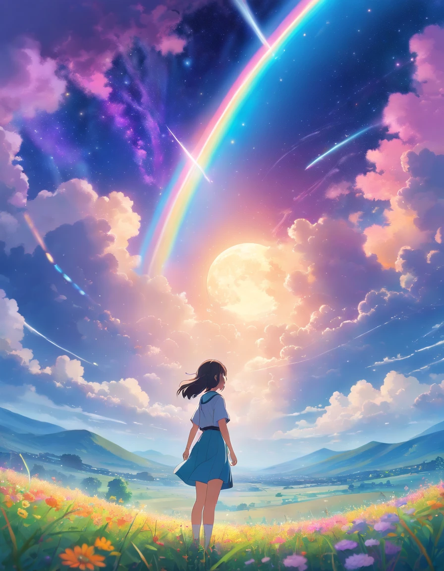 Wide landscape photography, (View from below, The sky is above and the open field is below.), Girl standing in a field of flowers, looking up, (full moon: 1.2), (shooting stars: 0.9), (nebula: 1.3), distant mountains , Tree BREAK, craft art, (Warm light: 1.2), (firefly: 1.2), electricity, Lots of purple and orange., complicated details, Volumetric light, Realism BREAK (Masterpiece: 1.2), (best quality), 4k, มีvery detailed, (dynamic elements: 1.4), very detailed, colorful details, (rainbow colors: 1.2), (Fluorescent Light, Atmosphere light), dreamlike, magical, (alone: 1.2)
