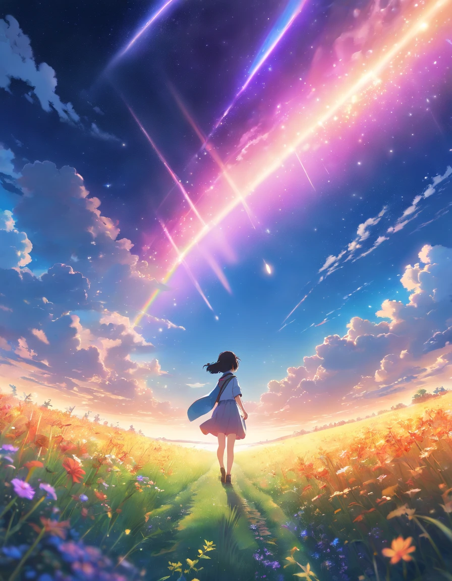 Wide landscape photography, (View from below, The sky is above and the open field is below.), Girl standing in a field of flowers, looking up, (full moon: 1.2), (shooting stars: 0.9), (nebula: 1.3), distant mountains , Tree BREAK, craft art, (Warm light: 1.2), (firefly: 1.2), electricity, Lots of purple and orange., complicated details, Volumetric light, Realism BREAK (Masterpiece: 1.2), (best quality), 4k, มีvery detailed, (dynamic elements: 1.4), very detailed, colorful details, (rainbow colors: 1.2), (Fluorescent Light, Atmosphere light), dreamlike, magical, (alone: 1.2)