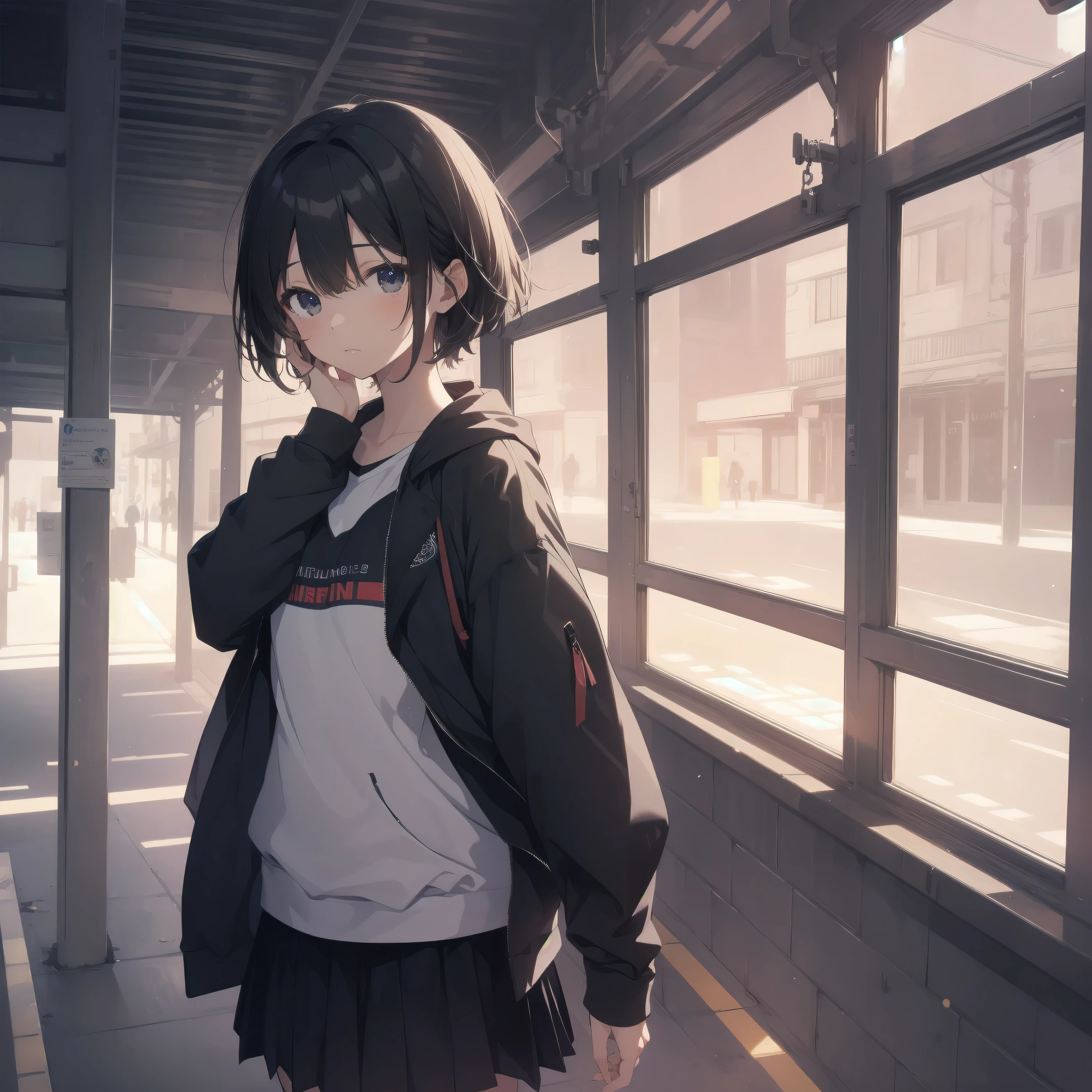 ultra-absurdres-Top quality by artist God, ultra-detailed, high resolution, anime moe artstyle, best anime 8k konachan wallpaper, pixiv contest winner,pool:2810, perfect anatomy,break, 1girl, (Please draw a girl walking sleepily to school alone. )break,(Solo,little female, 13-year-old:1.3),Full limbs, complete fingers,a junior high school student, (very short hair), short cut, flat chest, , small butt, small black eyes, beautiful detailed eyes, well-proportioned iris and pupils, expressive eyes, highres detailed hair, soft expression, school_uniform, official_alternate_costume, pleated skirt,(Detailed Lighting), (Detailed background), in the School commute route. break,super detailed skin, Best cinematic lighting powered by famous artist, 8k,beauty illustration,photoshop_(medium),very aesthetic,break,((artist:ixy )), artist:akinashi yuu ,artist:oyari ashito ,artist:kantoku ,
