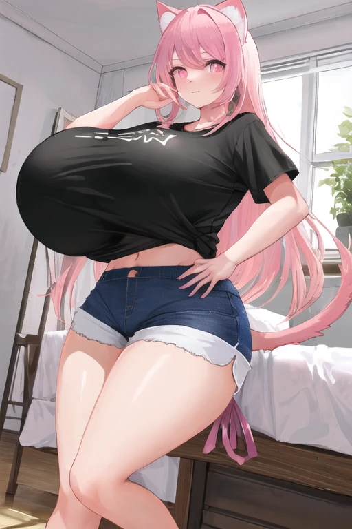 masterpiece, best quality, 1girl, (pink hair, long hair, detailed hair, cat ears, pink eyes:1.3), cute, bedroom, (black hair ribbons, t-shirt, shorts:1.2), (gigantic breasts bigger than body, bursting breasts:1.1)