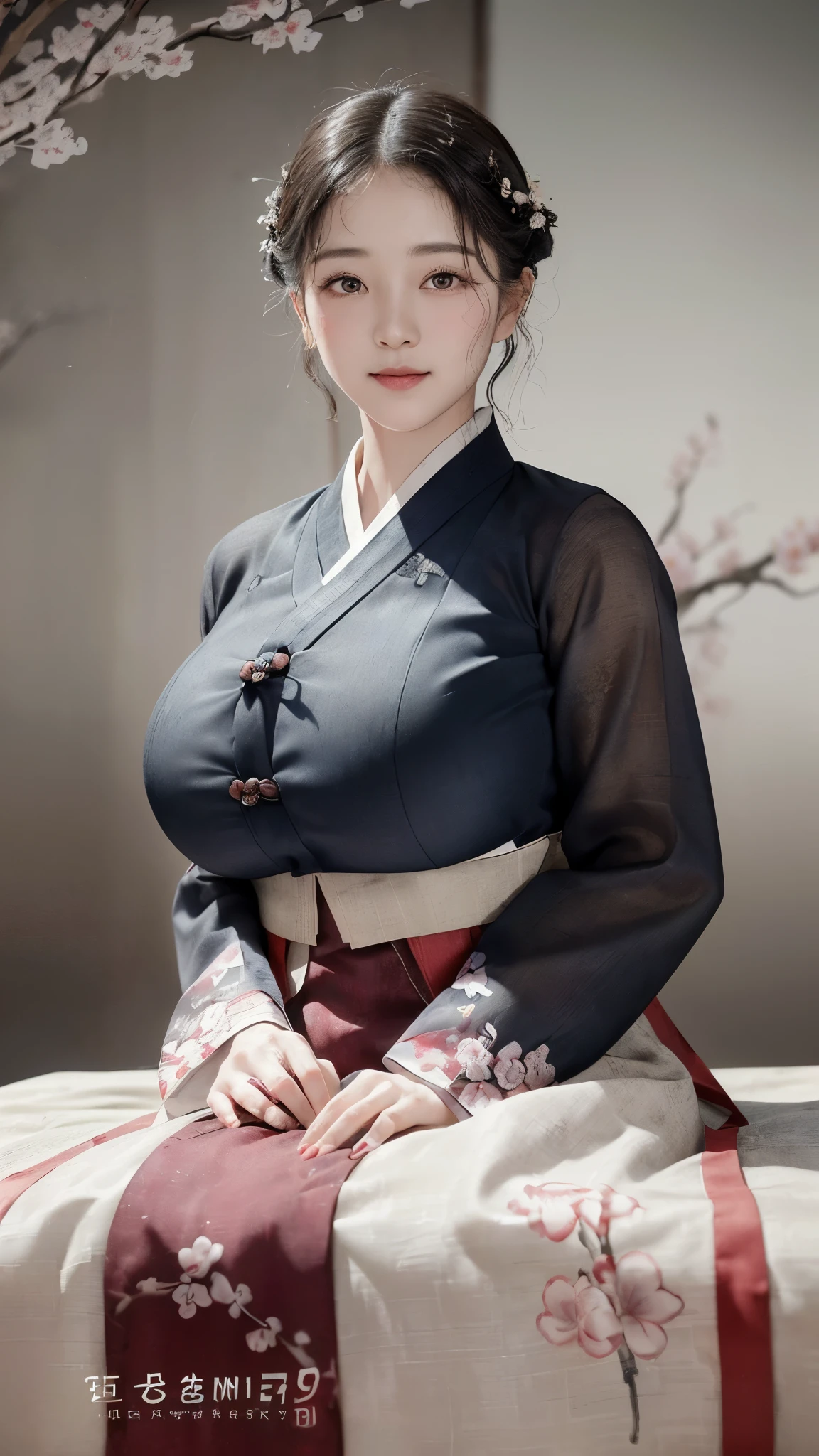 (best quality, 8K, masterpiece: 1.3), ((((((Incredibly huge breasts: 0.90))))), hairpin, (beautiful face:1.3), plum blossom ink painting background,authentic hanbok, 1920s photo studio, (Feels like a faded photo: 1.4), old photos, smile, black and white photography, 1920s Hanbok style and hairstyle, retro style