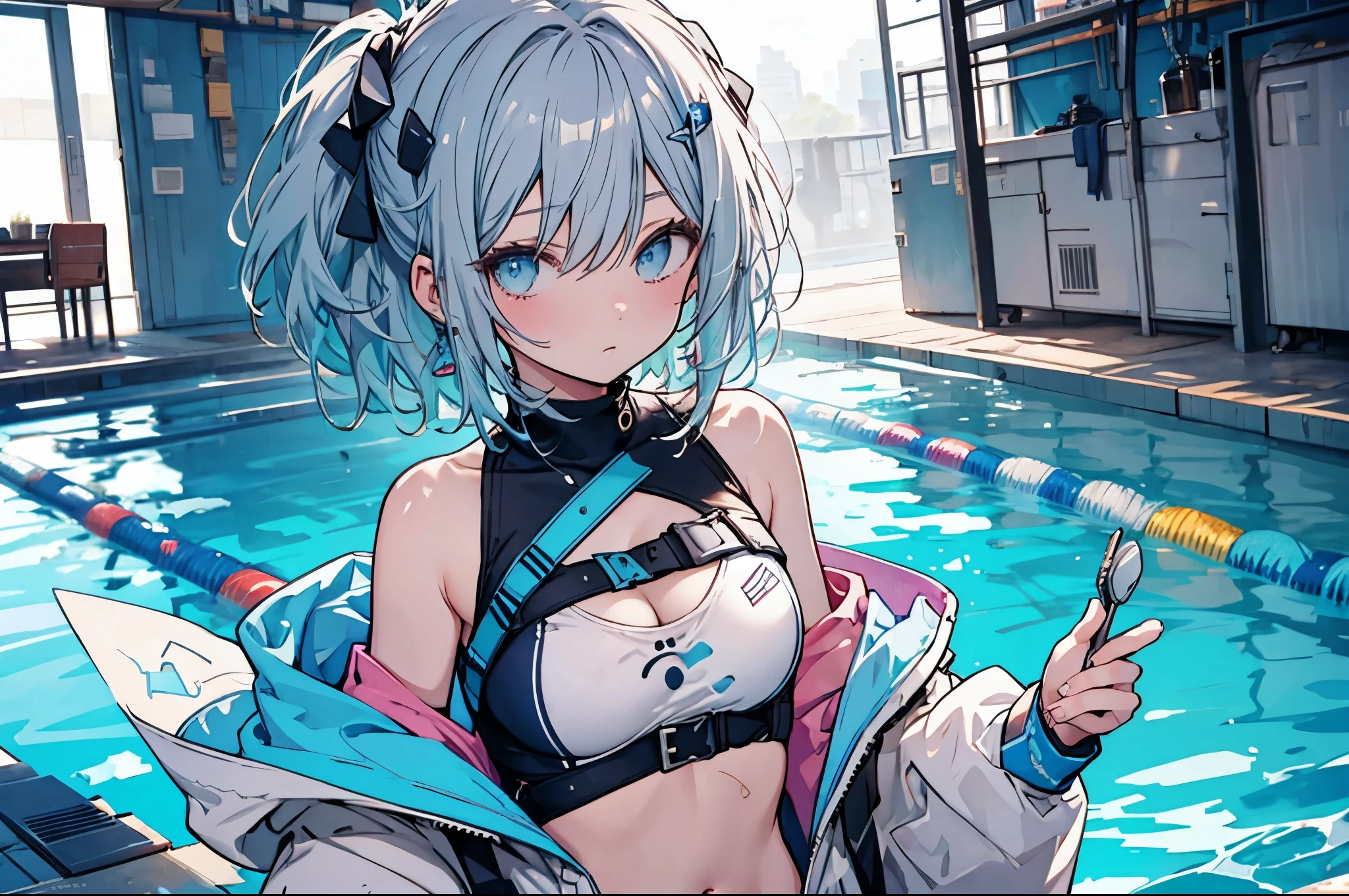 Swim 1, Prototype of Destiny, wapokichi, Exposing shoulders, blue null, Blurred, Blurred background, Cleavage, Day, Depth of written boundary, Grey Hair, Hair between the eyes, Hair Intake, Raise your hand, Medium chest, belly button, Outdoor, null