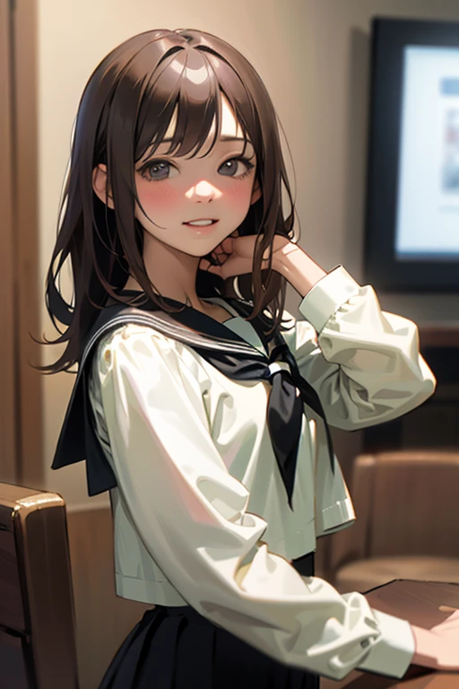 close, masterpiece, highest quality, RAW Photos, Photorealistic, Laughter, beautiful girl, cute, Hair length, Written boundary depth, High resolution, 超detailedな, detailed, extremely detailedd eye and face, Sharp pupils, Realistic student, Sharp focus, Cinema Lighting、, serafuku, Pleated skirt, Sailor collar, White shirt,、Upper Body、