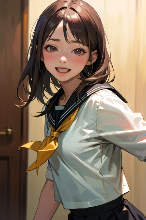 close, masterpiece, highest quality, RAW Photos, Photorealistic, Laughter, beautiful girl, cute, Hair length, Written boundary depth, High resolution, 超detailedな, detailed, extremely detailedd eye and face, Sharp pupils, Realistic student, Sharp focus, Cinema Lighting、, serafuku, Pleated skirt, Sailor collar, White shirt,、Upper Body、