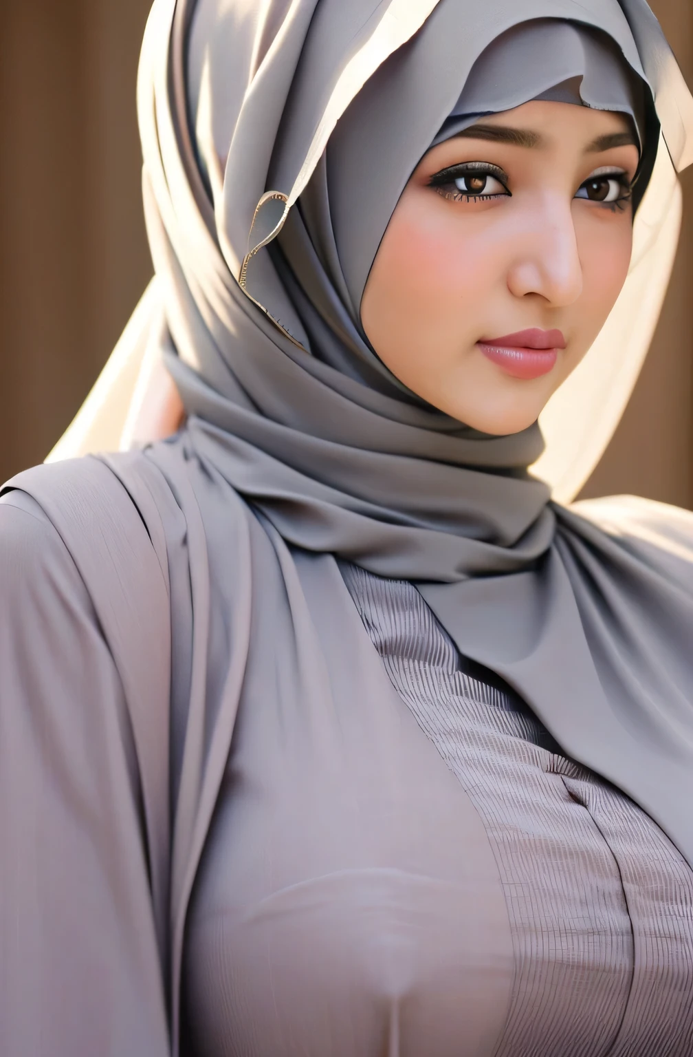 cute hijab woman, face focus, close-up potrait, gigantic breasts, muslim outfit, long dress