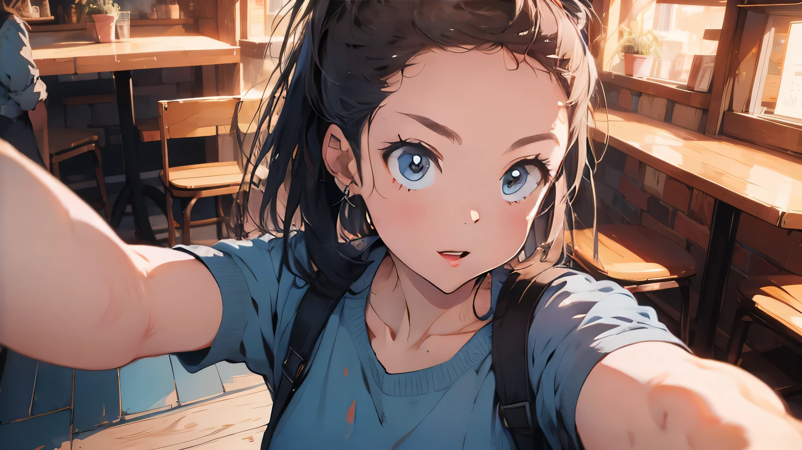 ((1WOMAN:1)),((TAKING-A-SELFIE:1)),((HIGH-ANGLE-VIEW:1.2)), IN A CAFE, ((AESTHETIC:1)), ((SHORT-PONYTAIL:1)),((High-Resolution:0.8)),((Detailed-Face:1))