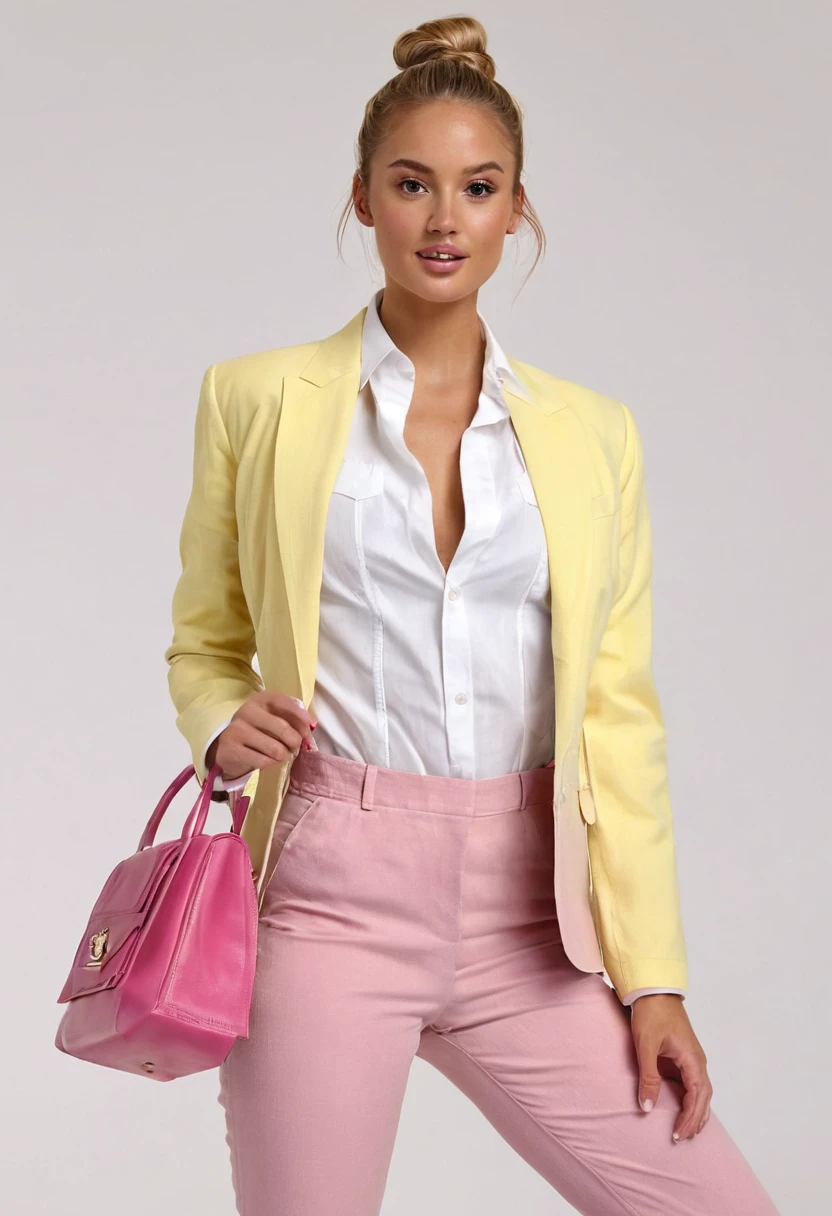 Supermodel, Brazilian, tanned, brown eyes, full body shot, long dark blonde hair in bun,white background, beautiful , natural beauty, no makeup, model, 4K, realistic, natural, textured skin, freckles on nose, wearing pale yellow pant suit with white shirt and pink tie. Swinging a pink handbag, jump pose, fashion pose, black high heels.