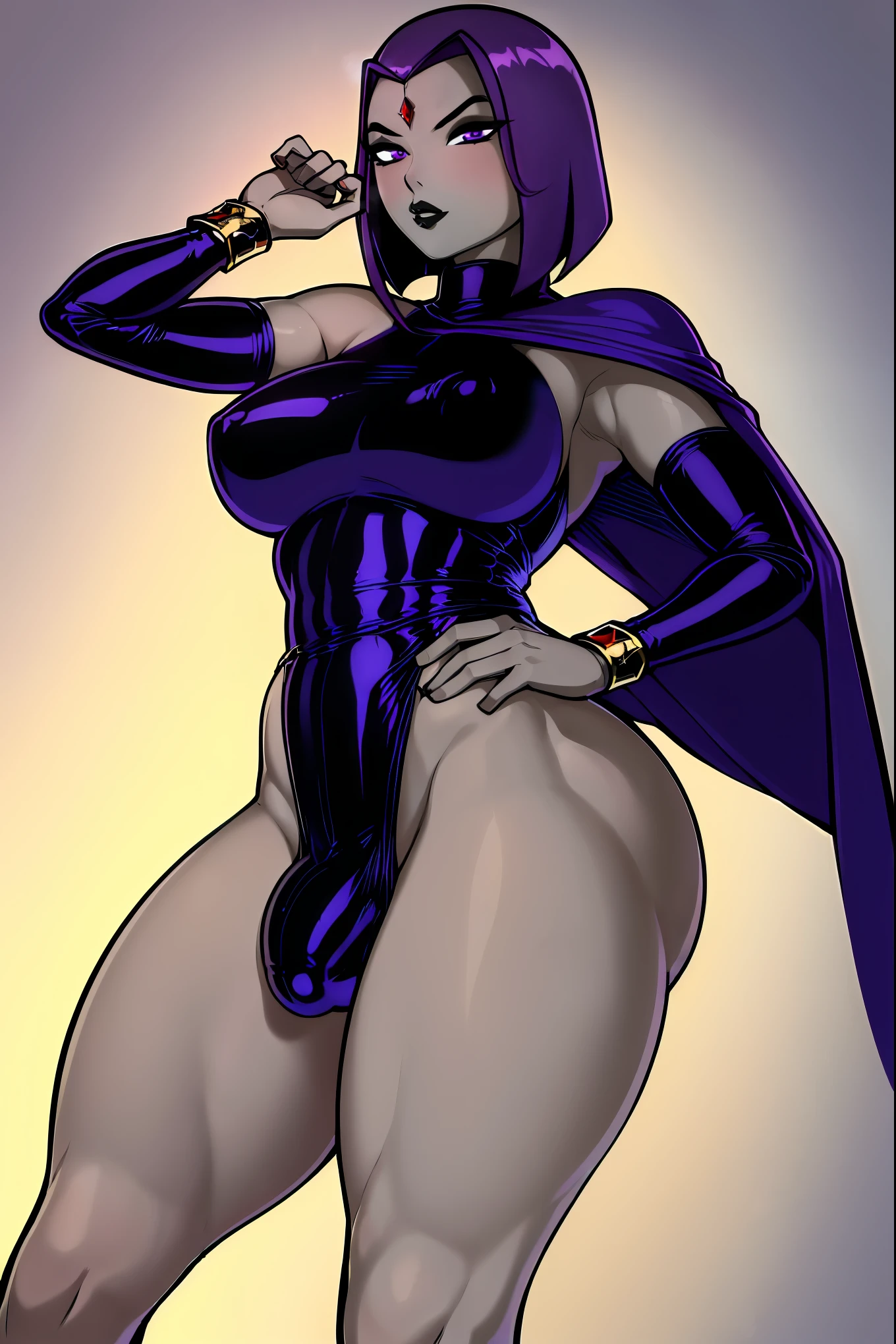 (solo:1.1),(masterpiece), (best quality:1.3), ultra detailed, intricate, professional art, digital art, absurdres, shadraven, (Full body view:1.1), 1girl, solo, (grey skin:1.4), dark purple hair, bob hair, purple eyes, hips wider than shoulders, pear shaped body, jewellery, detailed thighs, thick thighs, red jewel in forehead, jewels, (long sleeved turtleneck leotard:1.3), cuffs, small breasts, shadraven dark purple cloak, Shadraven broach, Shadraven jewel belt, Shadraven wearing a long sleeved leotard posing outside at night, long legs, ( crotch bulge:1.4), large penis bulge on hip, testicle bulge , erection under clothes, ,side angle view, looking at viewer, bubble butt , gluteal crease, universal lighting,,