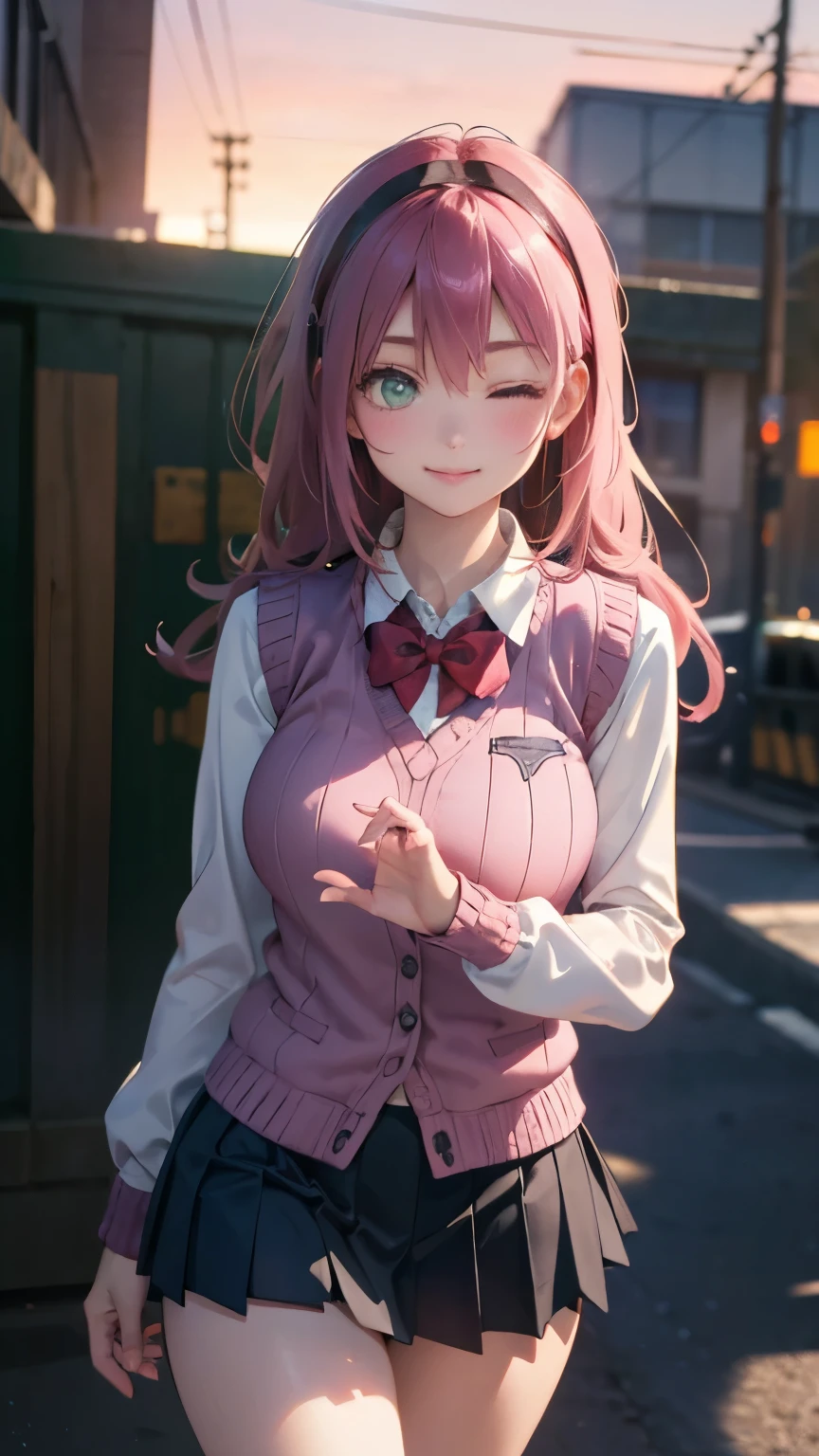 (masterpiece:1.3, top-quality, ultra high res, ultra detailed), (cleavage:1.4),(realistic, photorealistic:1.4), beautiful illustration, perfect lighting, natural lighting, colorful, depth of fields, surrealism,   (embarrassed,blush:1.3),
beautiful detailed hair, beautiful detailed face, beautiful detailed eyes, beautiful clavicle, beautiful body, beautiful chest, beautiful thigh, beautiful legs, beautiful fingers, shiny skin, 
looking at viewer, 1 girl, japanese, high school girl, (perfect anatomy, anatomically correct, super detailed skin), cute and symmetrical face, babyface, perfect face, perfect eyes, 
(middle hair, two side up, pink hair), crossed bangs, purple eyes, drooping eyes, big eyes, long eyelashes, (large breasts, seductive thighs, skindentation), slender, outstanding style, 
((detailed cloth texture, white collared shirt, blue pleated skirt, dark red neck ribbon), black thigh-highs, loafer), 
(beautiful scenery), late afternoon,hands on chest, (lovely smile, upper eyes, open mouth small),