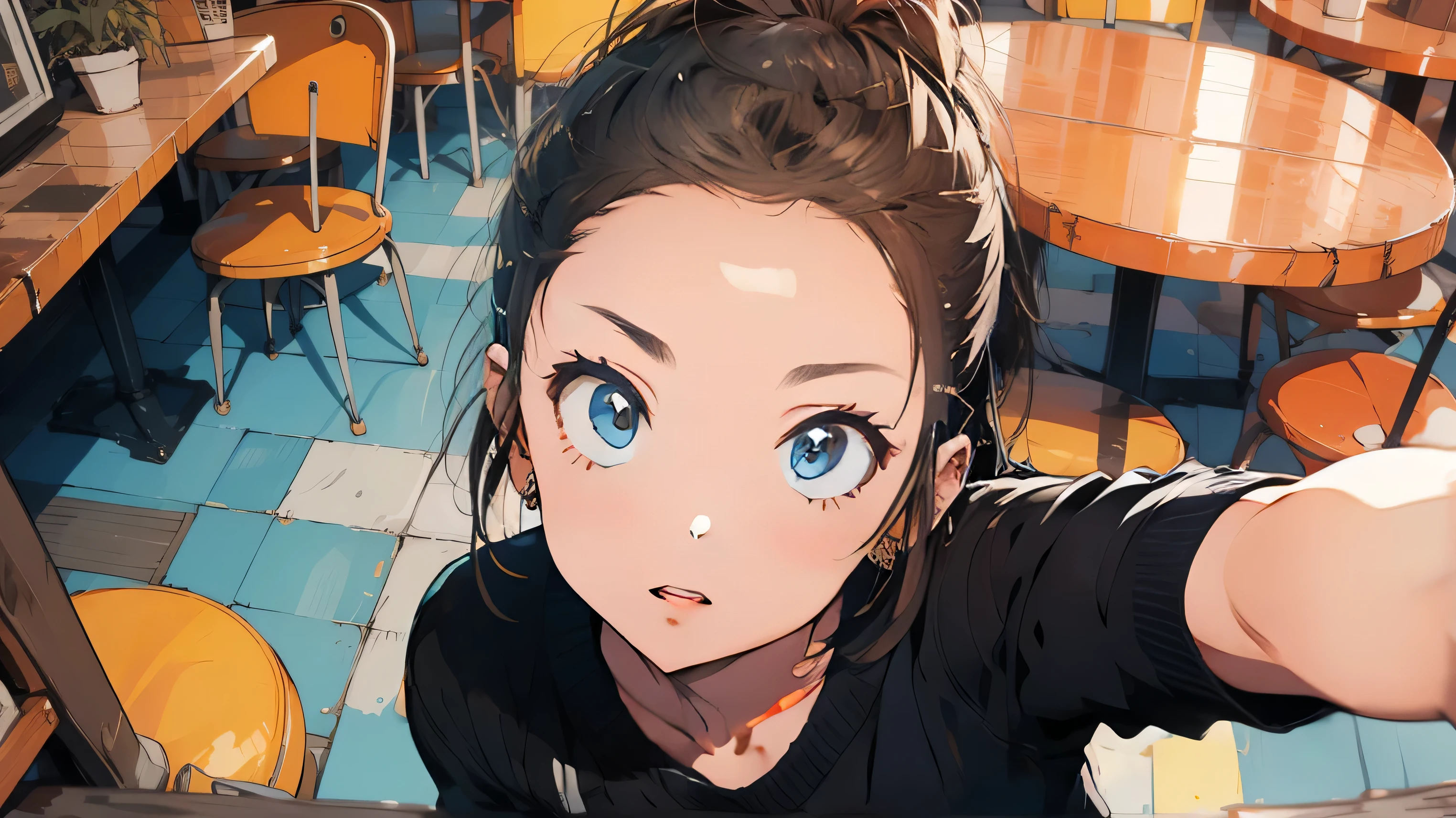 ((1WOMAN:1)),((TAKING-A-SELFIE:1)),((HIGH-ANGLE-VIEW:1.2)), IN A CAFE, ((AESTHETIC:1)), ((SHORT-PONYTAIL:1)),((High-Resolution:0.8)),((Detailed-Face:1))