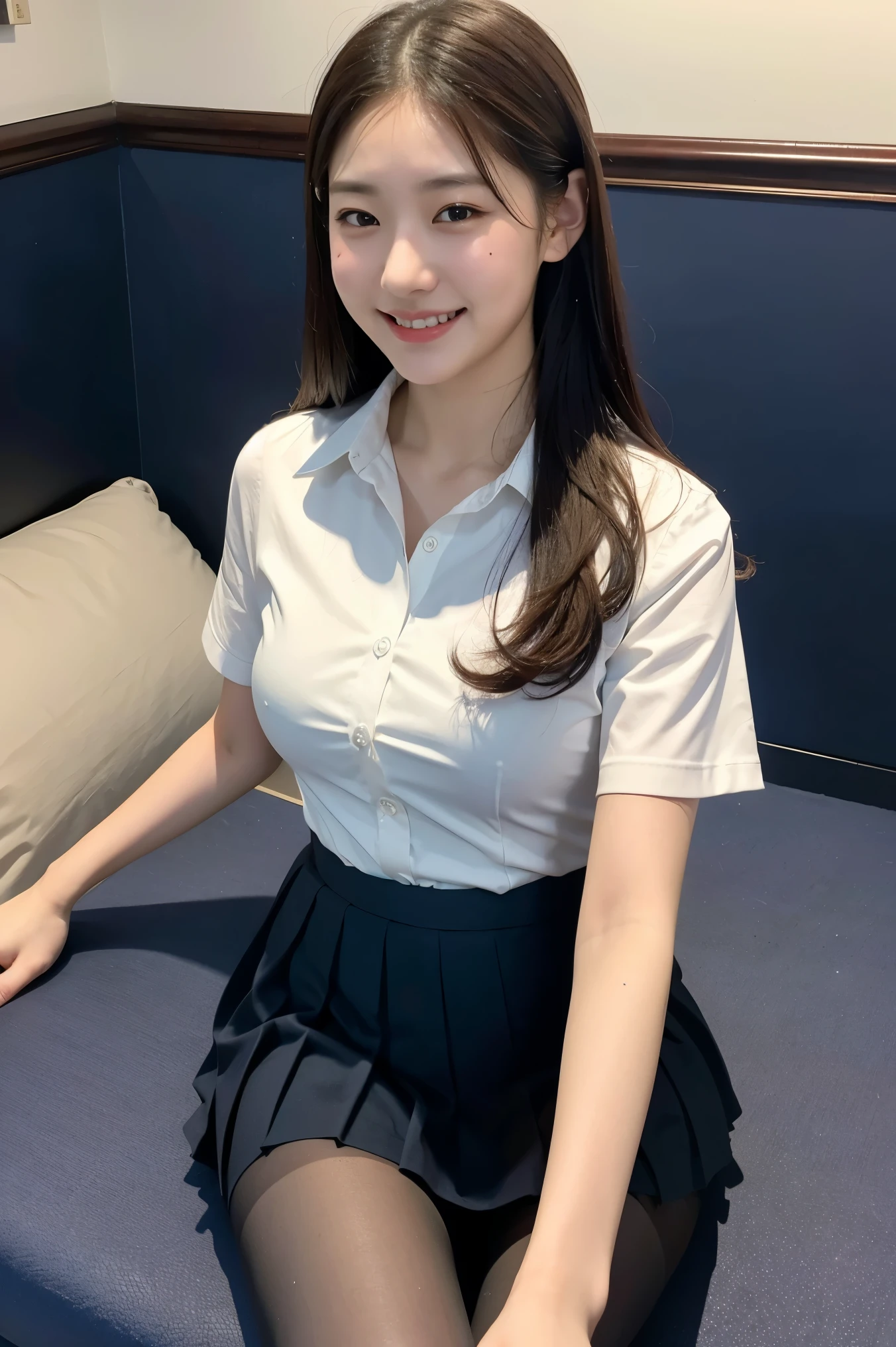 (8k), (highest quality: 1.2), (Realistic), (Realistic: 1.37), Ultra-high resolution, 1 girl, cute, smile, Mouth closed, Beautiful details, Beautiful Nose, whole body, Wet Hair, Giant Dulcefo, pork, , Thighs,Selfie,,White shirt,Navy Pleated Skirt,Black tights