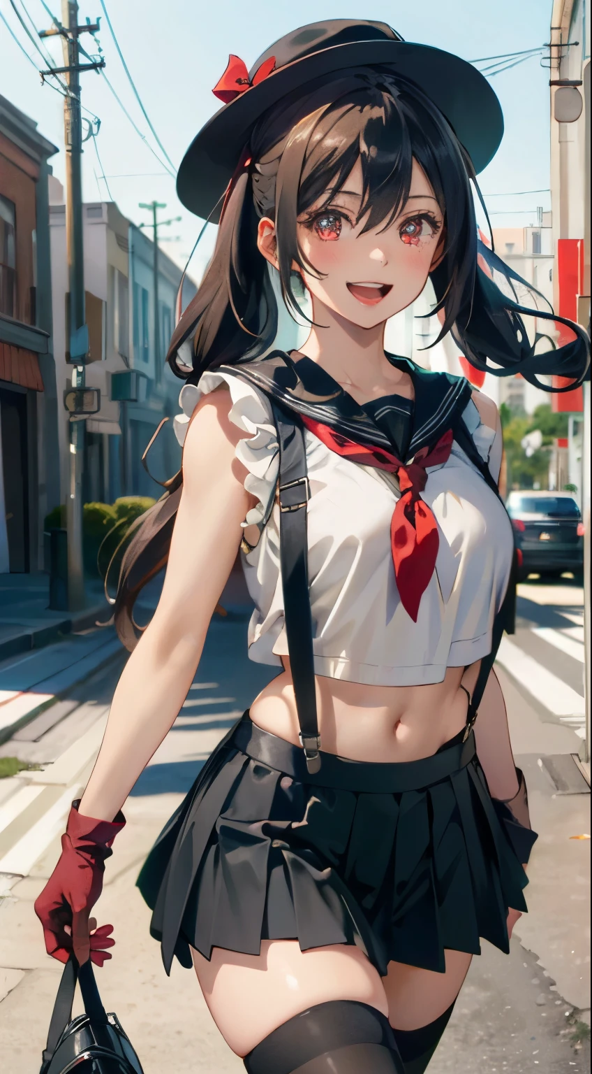 (masterpiece:1.3, top-quality), ultra high res, ultra detailed, (realistic, photorealistic:1.4), beautiful illustration, perfect lighting, colorful, depth of fields,
looking at viewer, 1 girl, solo, miranda, (medium breasts:0.8, large ass, seductive thighs, skindentation),
(very long hair, twintails, (beige) hair), hair between eyes, red eyes, fung, shiny skin,
beautiful hair, beautiful face, extremely detailed face, beautiful detailed eyes, beautiful clavicle, beautiful body, beautiful chest, beautiful thigh, beautiful legs, beautiful fingers,
(black hat, black serafuku, midriff, suspenders, red neckerchief, black pleated miniskirt, black gloves, black thighhighs),
(beautiful scenery), daytime, outdoors, (walking), (happy smile, open mouth),