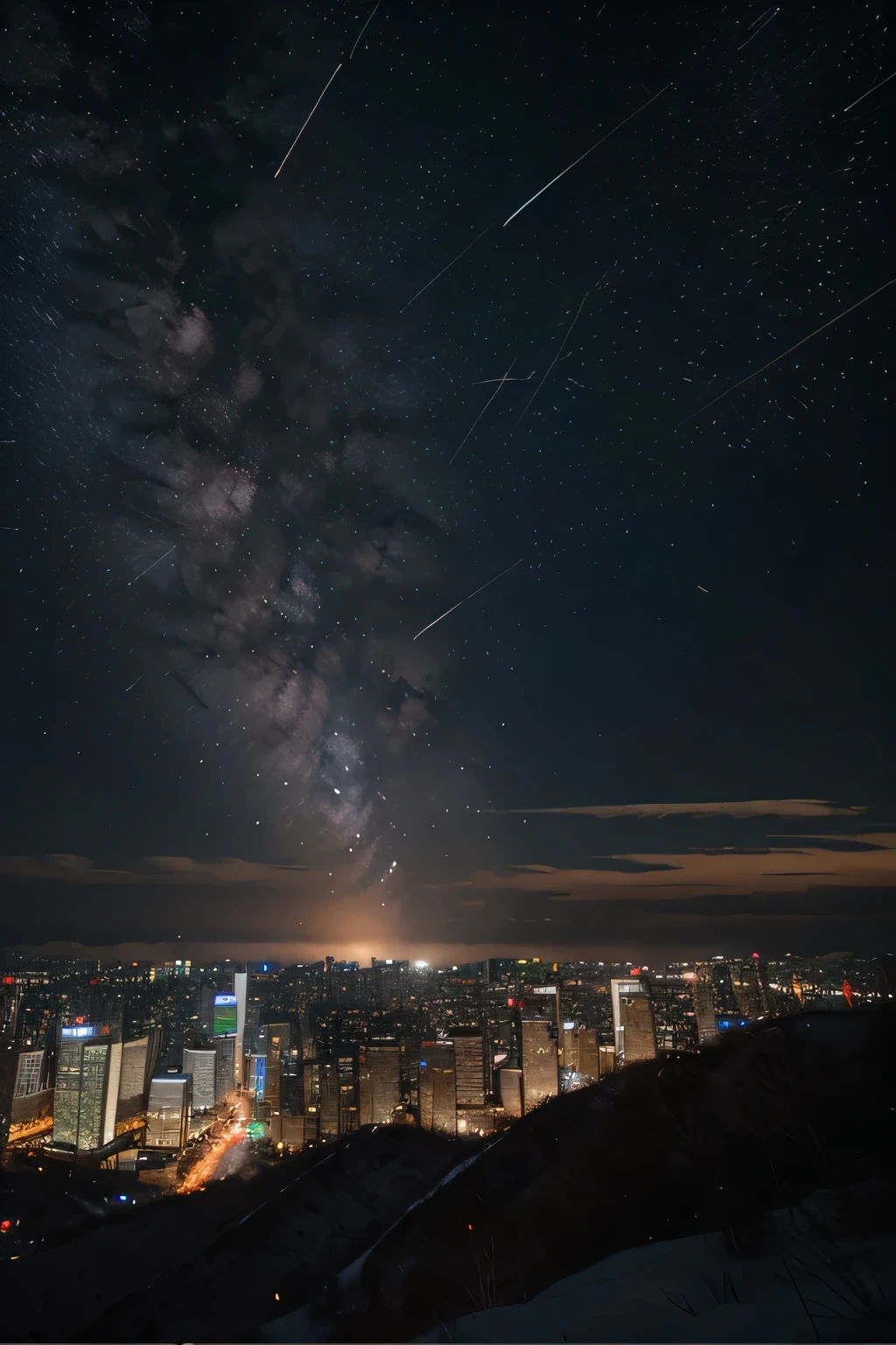 A meteor shower falling in the background of Seoul in the winter of 2024