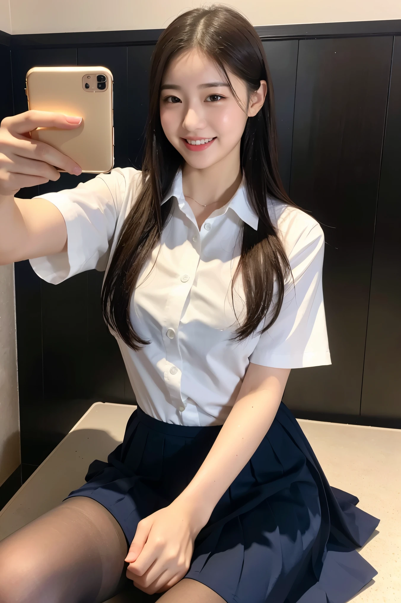 (8k), (highest quality: 1.2), (Realistic), (Realistic: 1.37), Ultra-high resolution, 1 girl, cute, smile, Mouth closed, Beautiful details, Beautiful Nose, whole body, Wet Hair, Giant Dulcefo, pork, , Thighs，Selfie,,White shirt,Navy Pleated Skirt,Black tights,