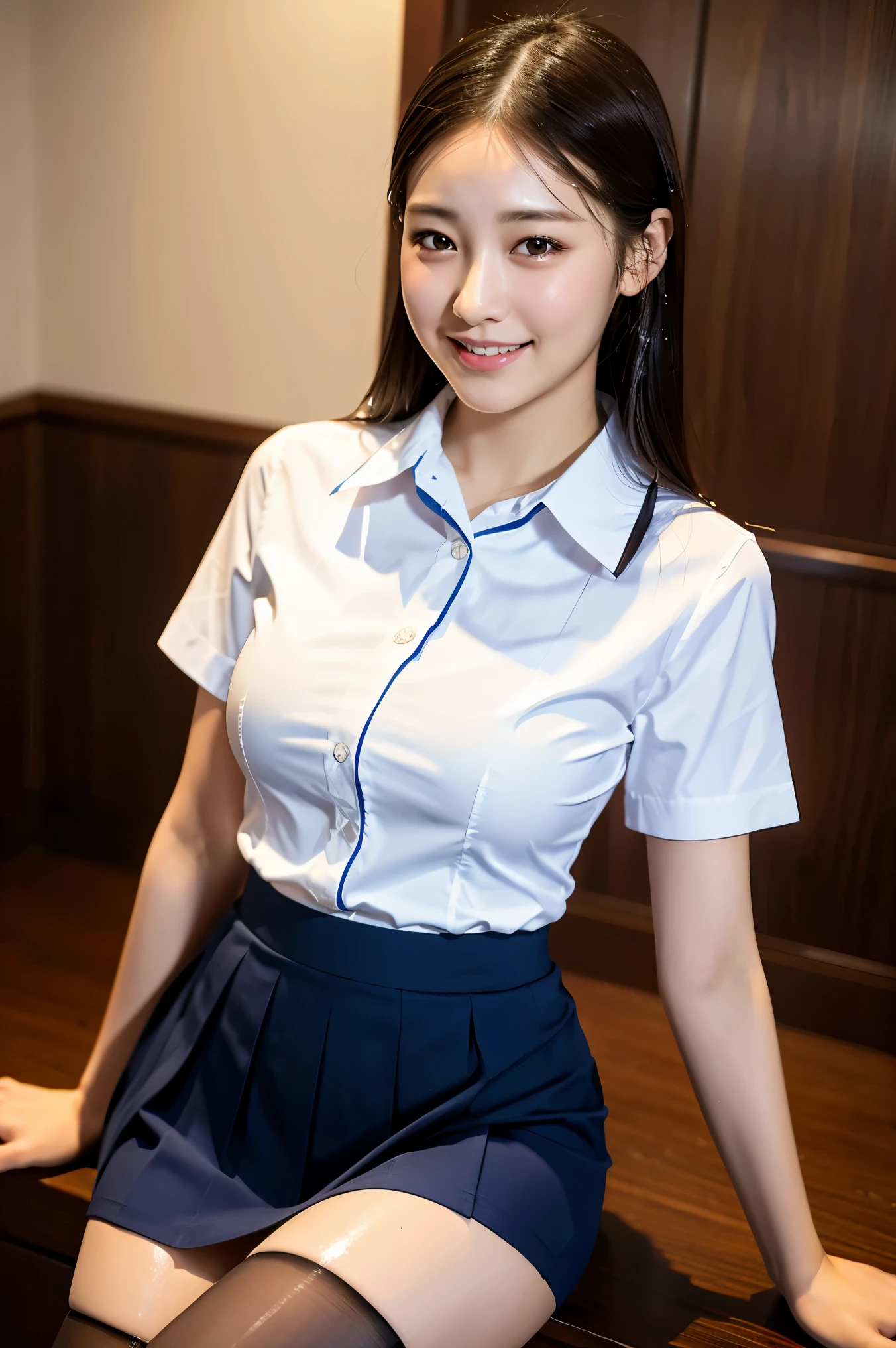 (8k), (highest quality: 1.2), (Realistic), (Realistic: 1.37), Ultra-high resolution, 1 girl, cute, smile, Mouth closed, Beautiful details, Beautiful Nose, whole body, Wet Hair, Giant Dulcefo, pork, Shiny thighs，Selfie,,White short-sleeved shirt,Navy Pleated Skirt,Black tights