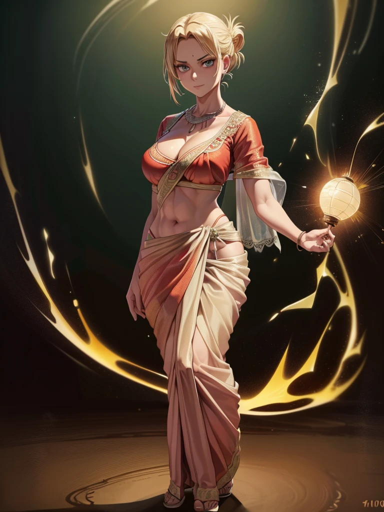 （8k, RAW photos, minino：1.1） ，female，（looki at viewer company），cowboy lens，Japanese，annie leonhardt / (attack on titan\），（fullbody saree：1.1），La Brett Piercing，cleavage，((( saree)))，seductive smile，Be red on the face, full body photo, standing, lean, muscular legs, muscular belly, blouse, long hair, blonde hair, eyes, bun hair, medium breasts,Professional lighting、photon mapping、physics-based rendering、dark theme，wearing wifs, jewellery and necklace, alone, extreme high quality, legs covering saree